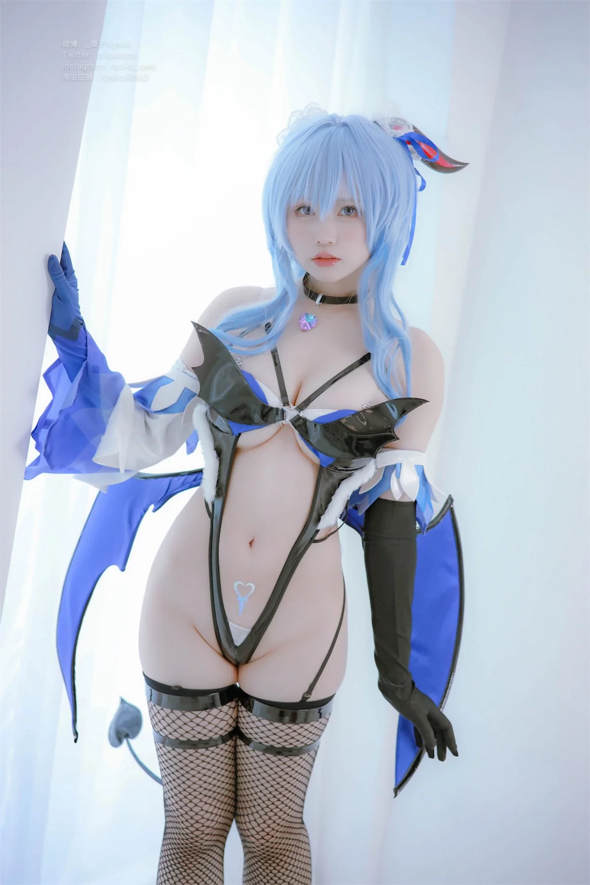 网络美女Nyako喵子原神甘雨魅魔主题性感黑色情趣连体衣配黑丝网袜极致魅惑写真76P