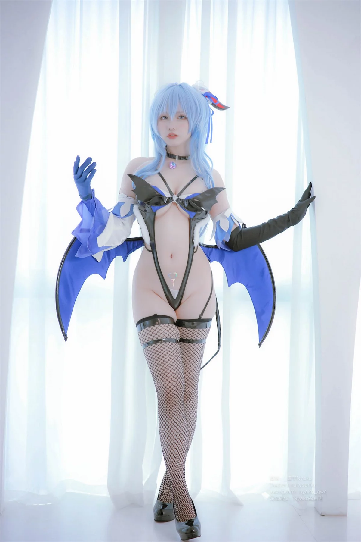 网络美女Nyako喵子原神甘雨魅魔主题性感黑色情趣连体衣配黑丝网袜极致魅惑写真76P