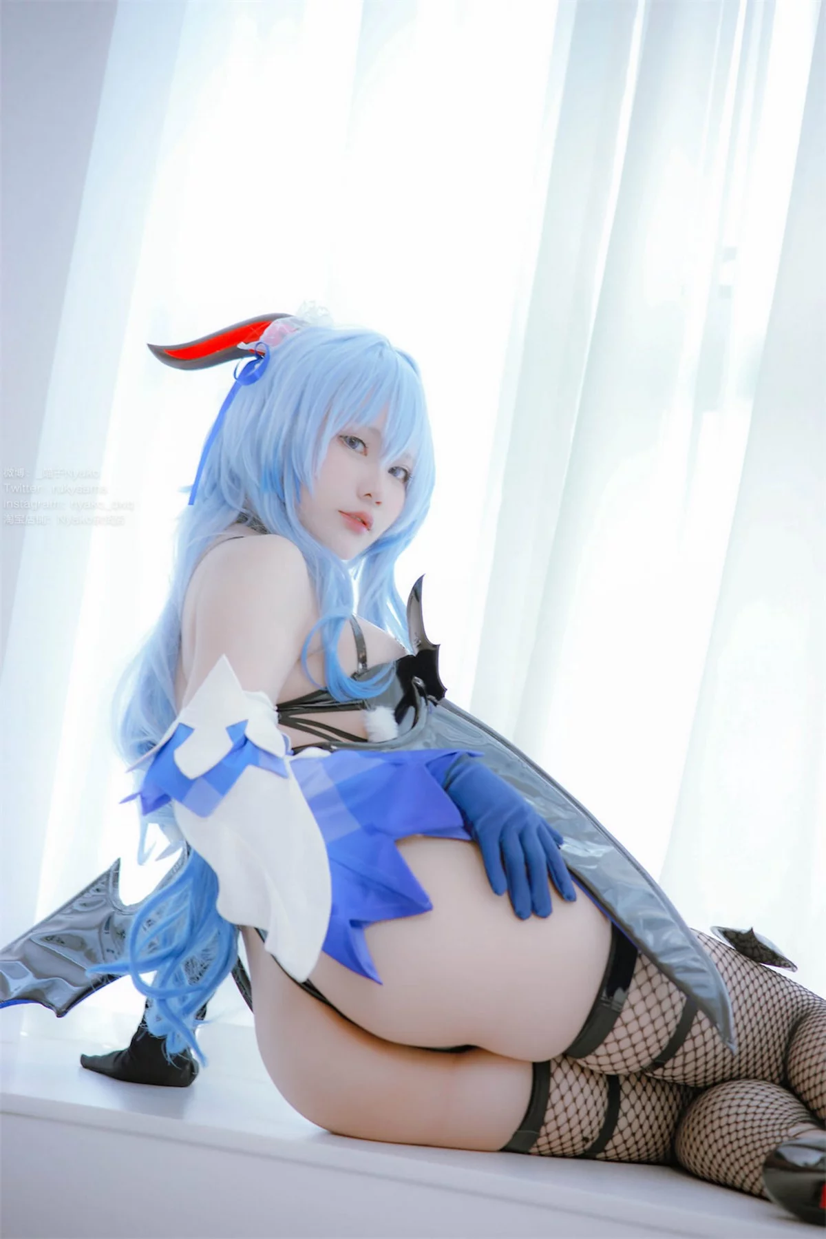 网络美女Nyako喵子原神甘雨魅魔主题性感黑色情趣连体衣配黑丝网袜极致魅惑写真76P