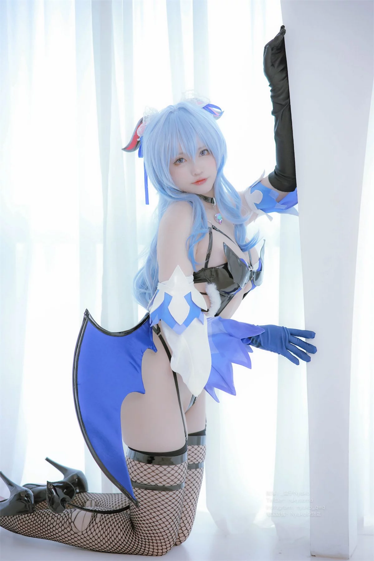 网络美女Nyako喵子原神甘雨魅魔主题性感黑色情趣连体衣配黑丝网袜极致魅惑写真76P