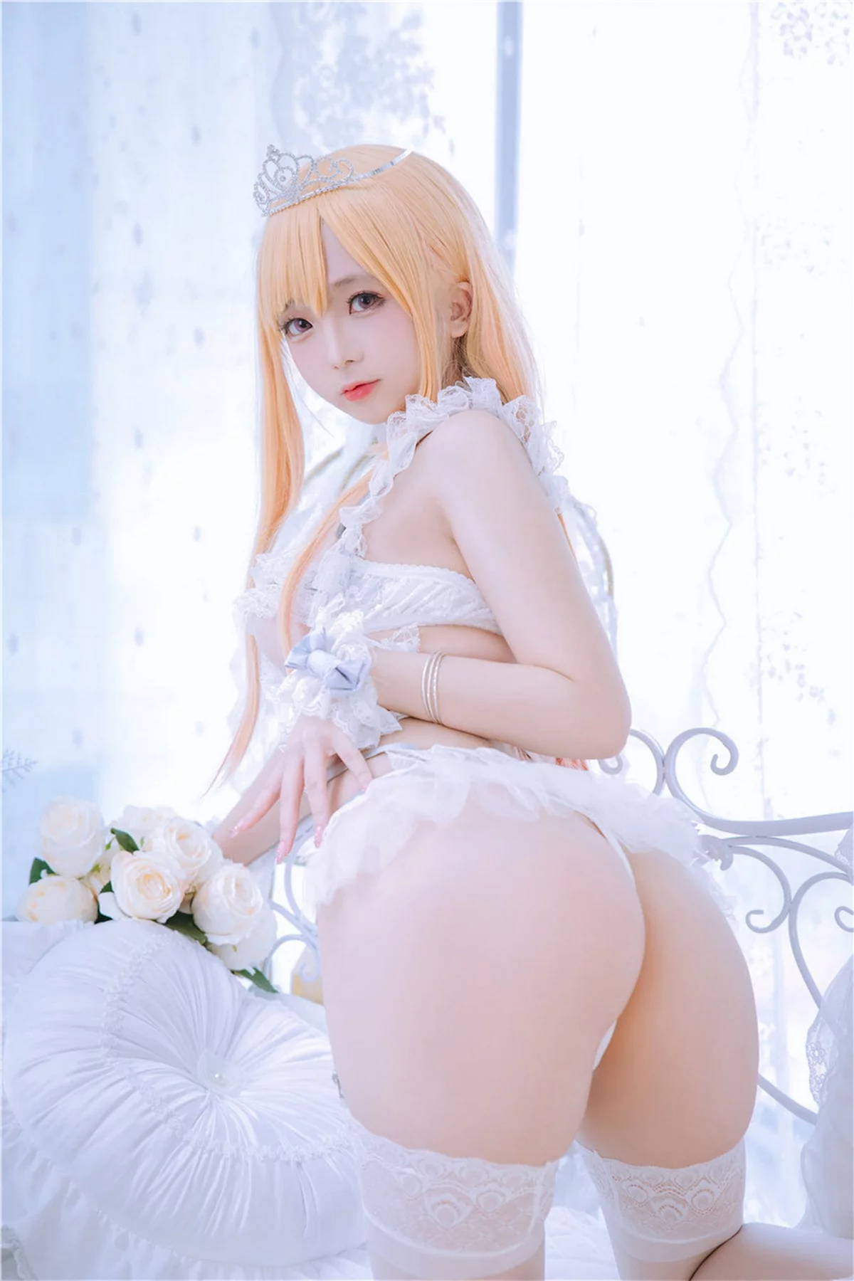 Cosplay美女日奈娇喜多川海梦花嫁主题性感白色情趣内衣配蕾丝袜完美诱惑写真76P
