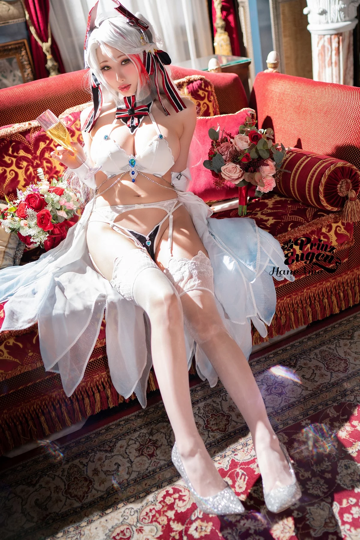 Coser美女雨波_HaneAme欧根亲王婚纱主题性感白色内衣配蕾丝吊袜诱惑写真27P