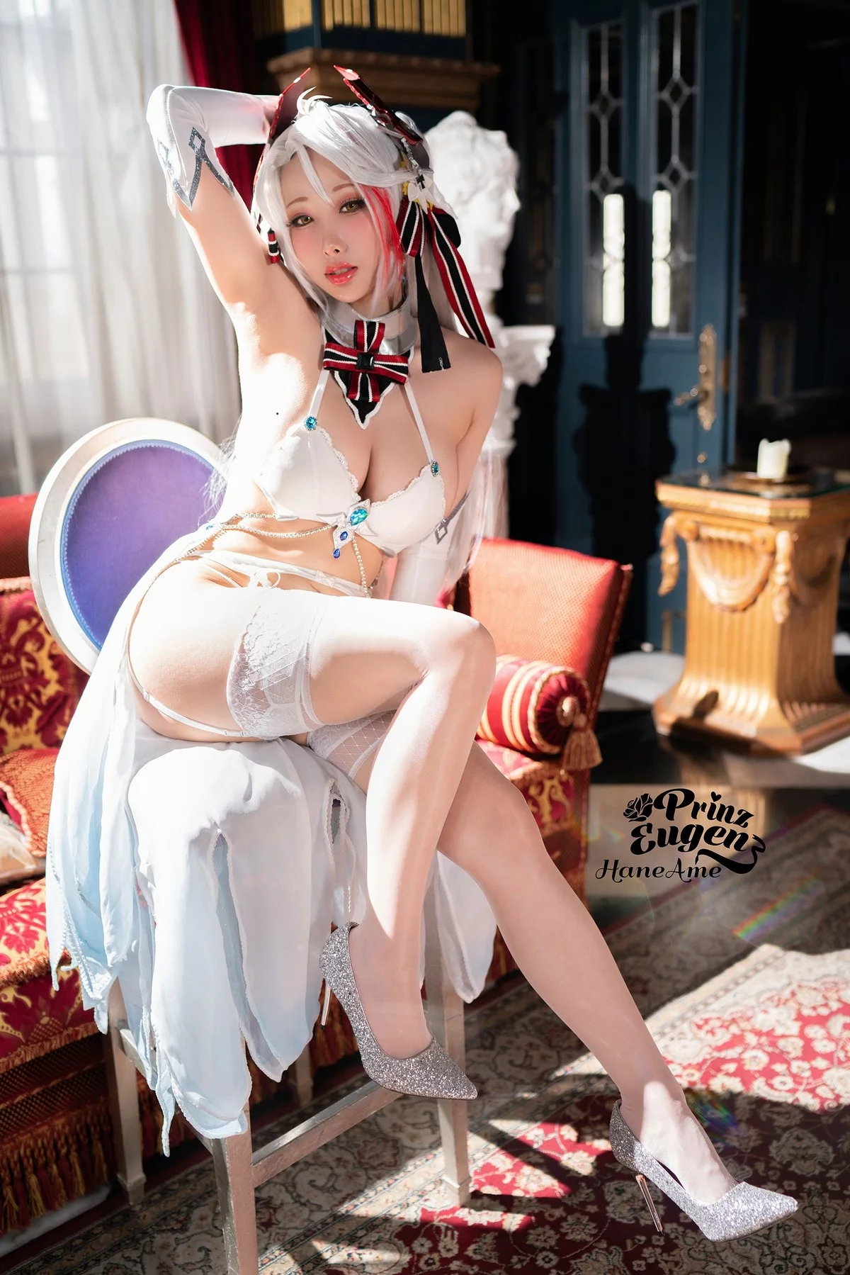 Coser美女雨波_HaneAme欧根亲王婚纱主题性感白色内衣配蕾丝吊袜诱惑写真27P