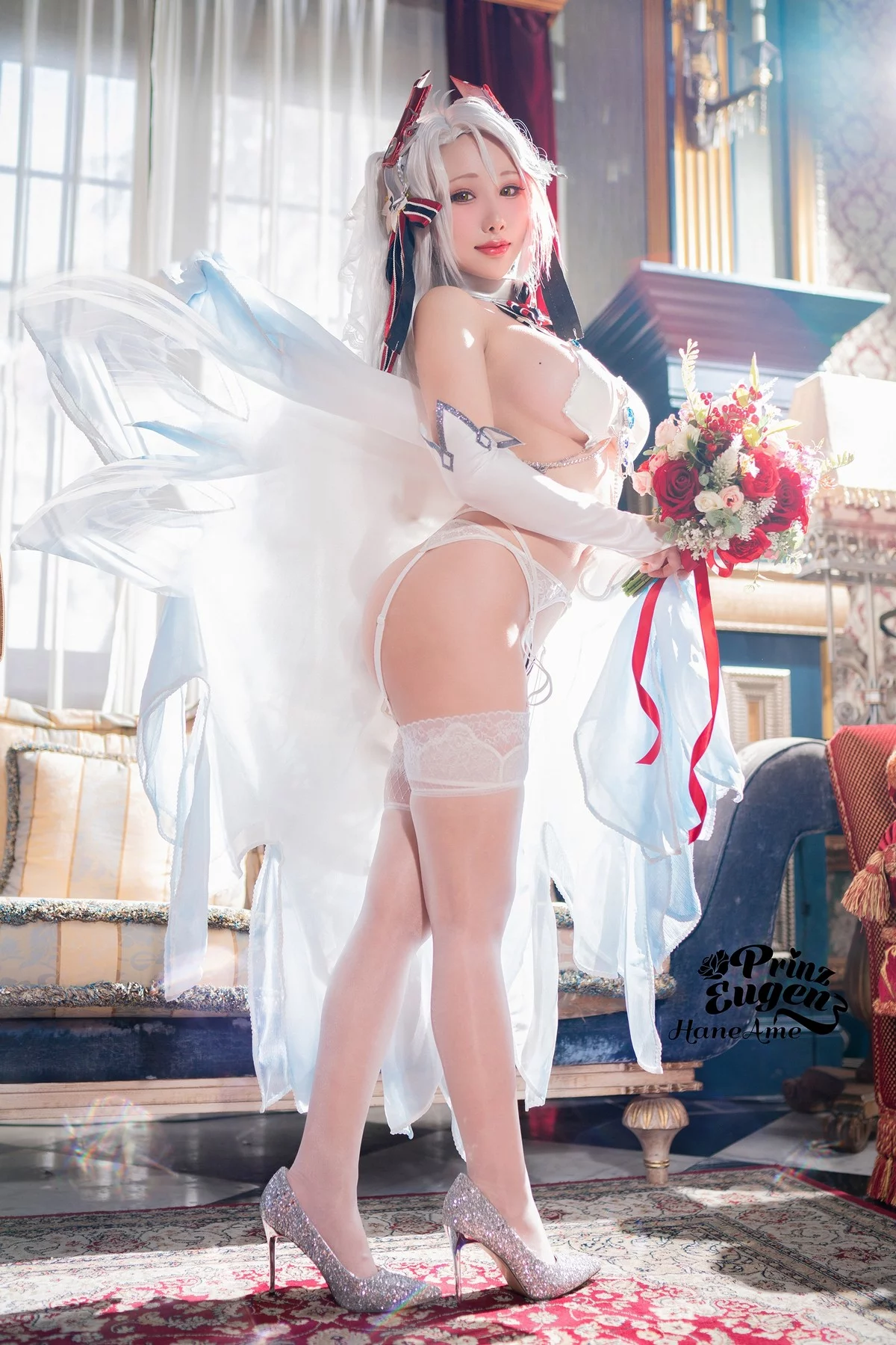 Coser美女雨波_HaneAme欧根亲王婚纱主题性感白色内衣配蕾丝吊袜诱惑写真27P
