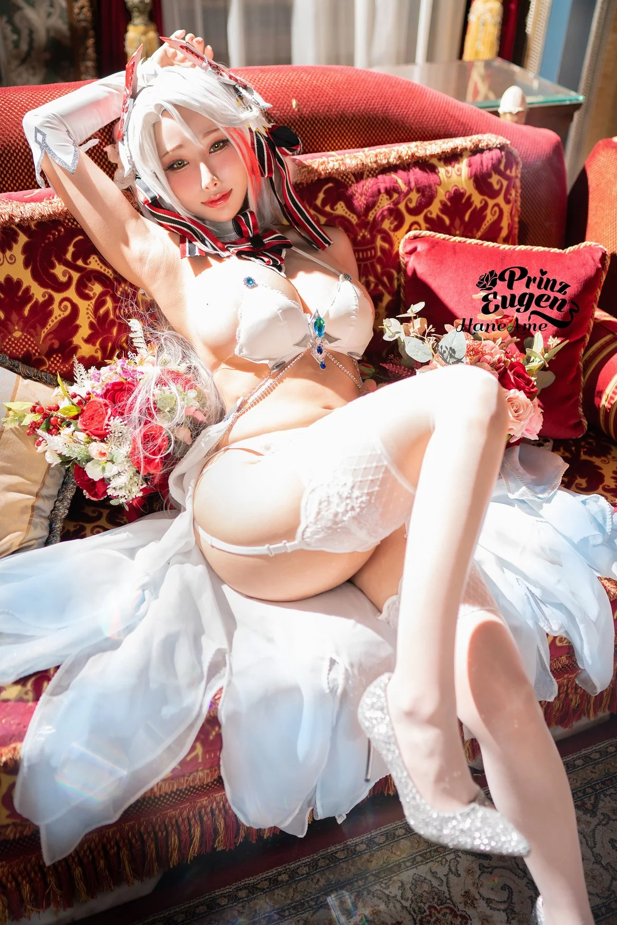 Coser美女雨波_HaneAme欧根亲王婚纱主题性感白色内衣配蕾丝吊袜诱惑写真27P