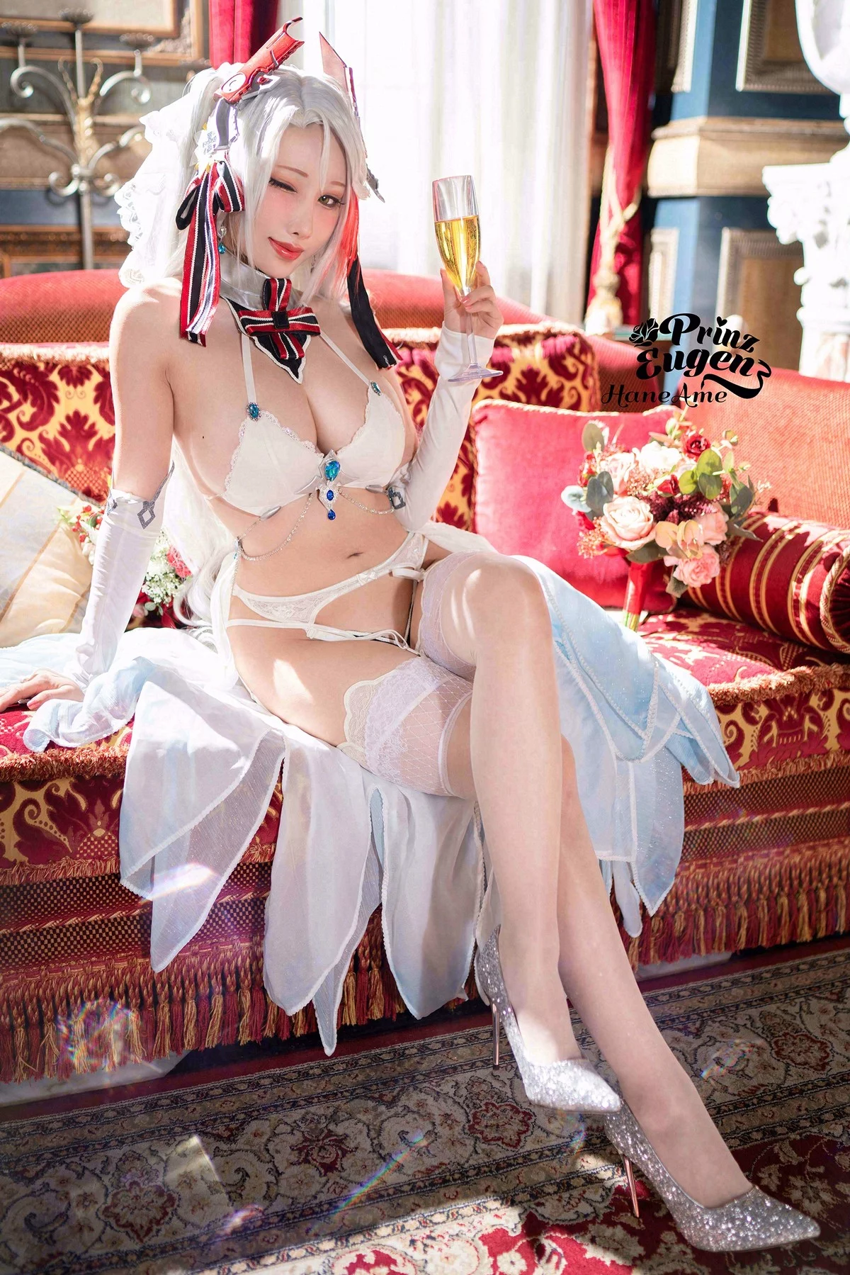 Coser美女雨波_HaneAme欧根亲王婚纱主题性感白色内衣配蕾丝吊袜诱惑写真27P