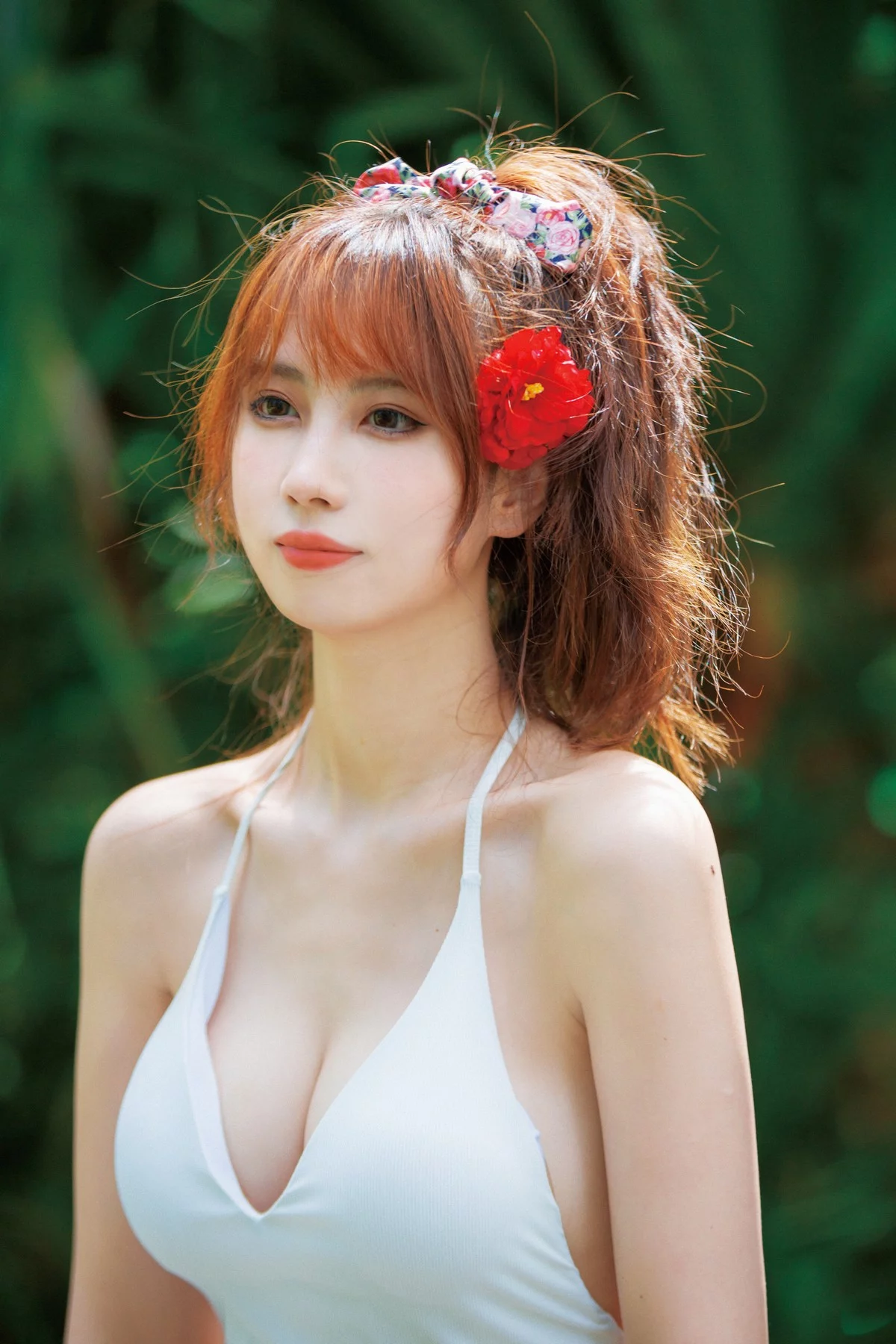 次元少女念雪ww昭和碎花主题性感白色低胸连衣泳衣配碎花短裙迷人诱惑写真34P