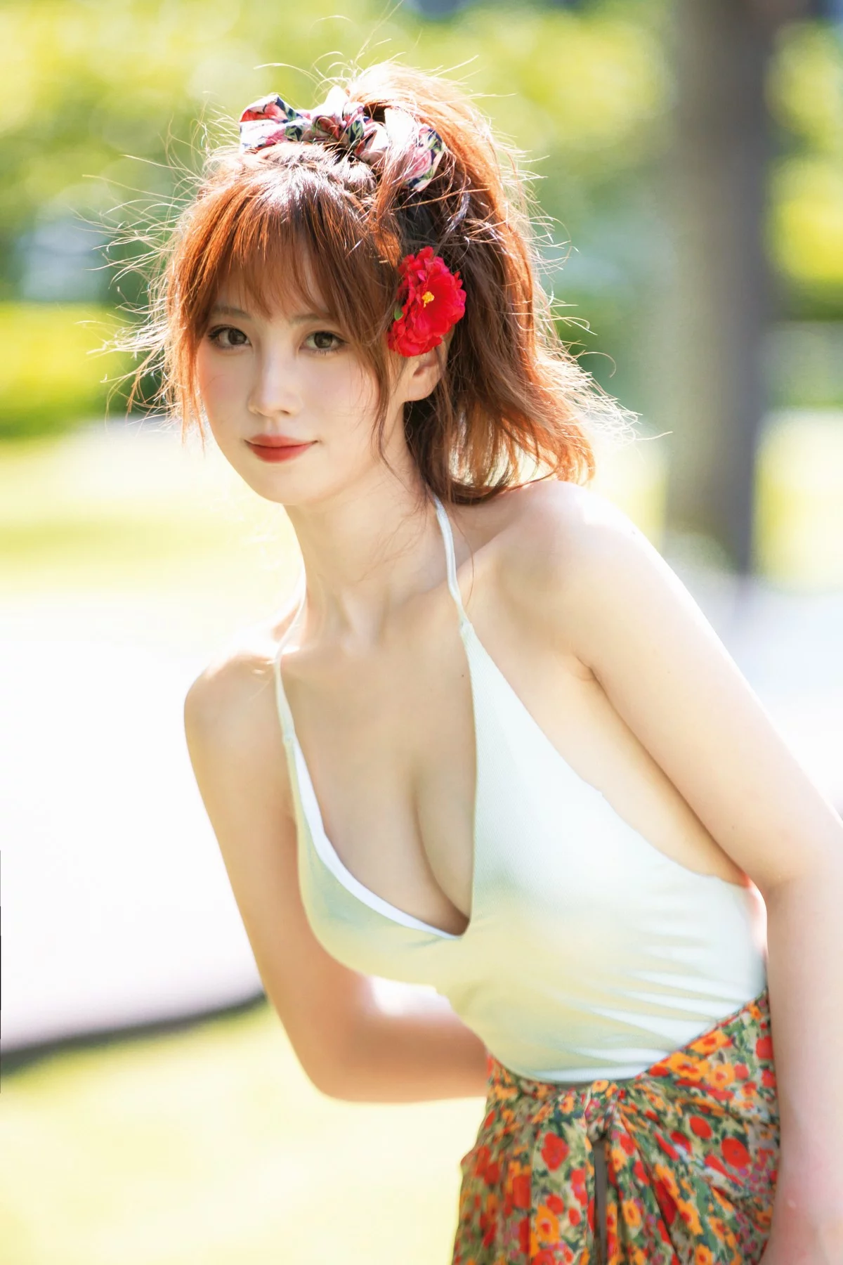 次元少女念雪ww昭和碎花主题性感白色低胸连衣泳衣配碎花短裙迷人诱惑写真34P