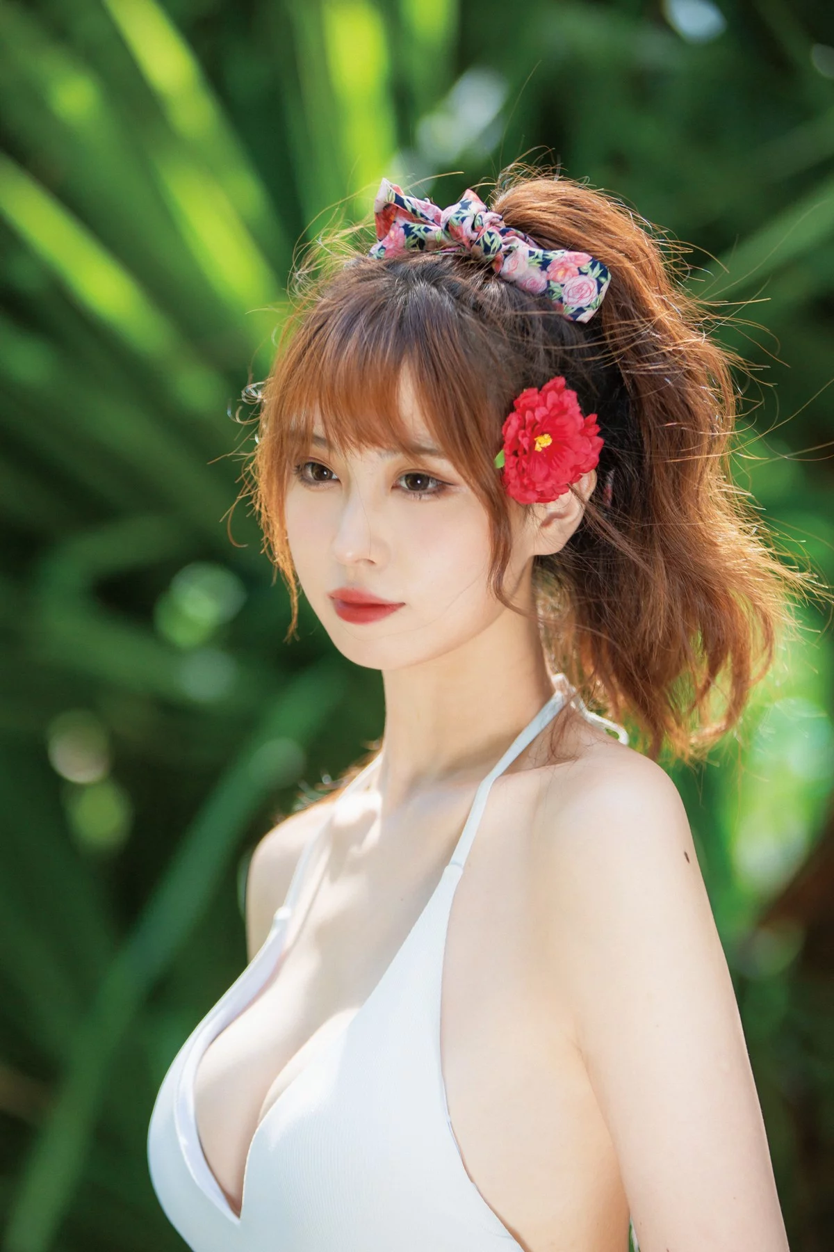 次元少女念雪ww昭和碎花主题性感白色低胸连衣泳衣配碎花短裙迷人诱惑写真34P