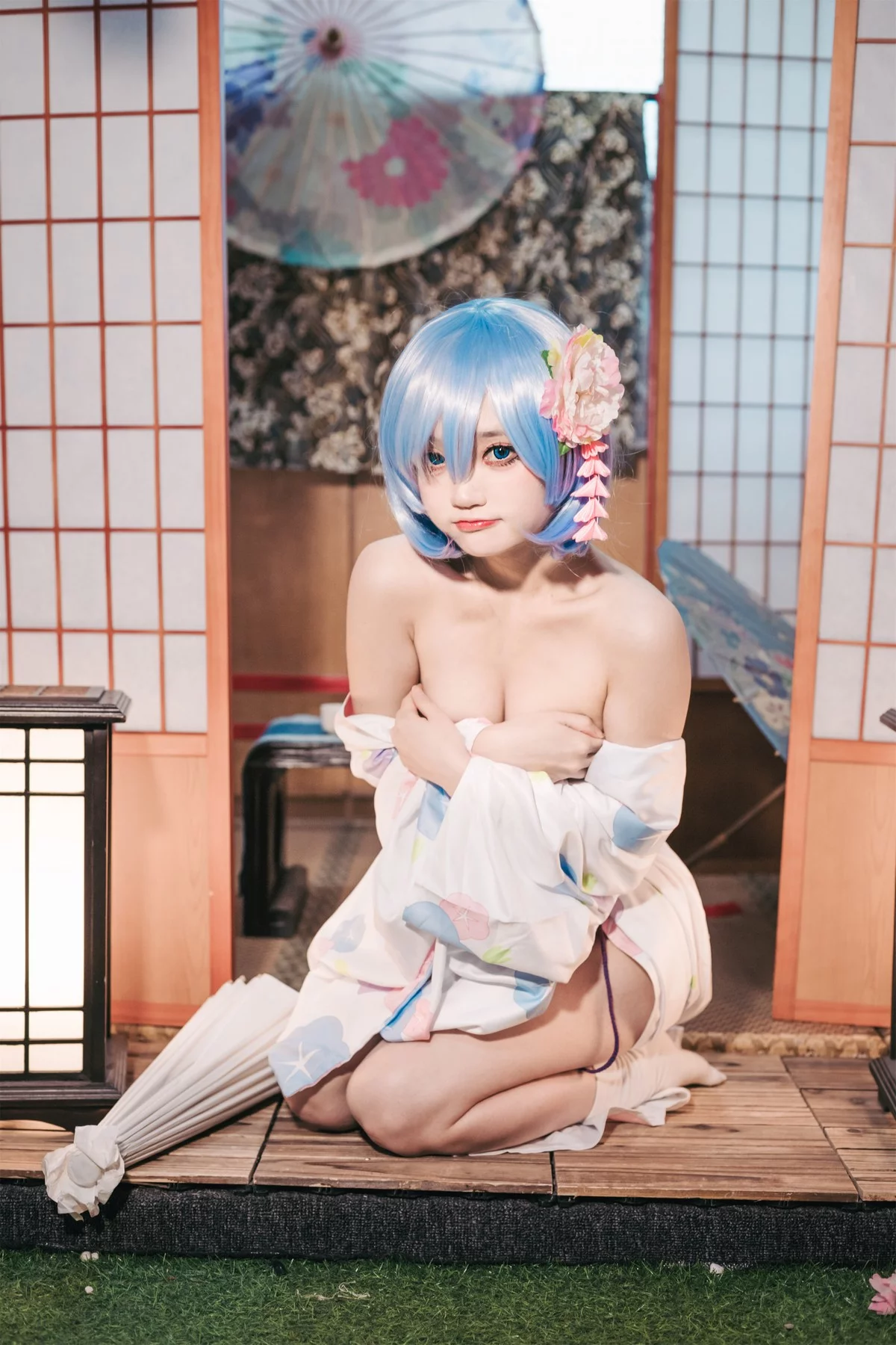Coser美女神沢永莉蕾姆和风主题私房性感日系和服半脱秀完美身材诱惑写真47P