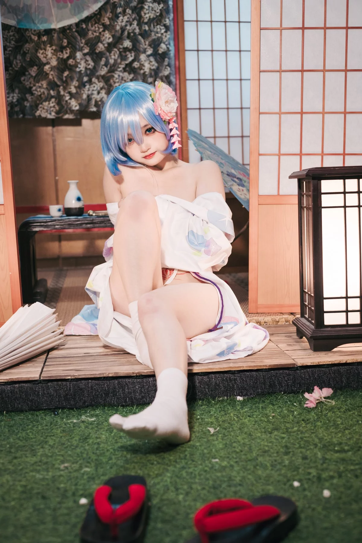 Coser美女神沢永莉蕾姆和风主题私房性感日系和服半脱秀完美身材诱惑写真47P