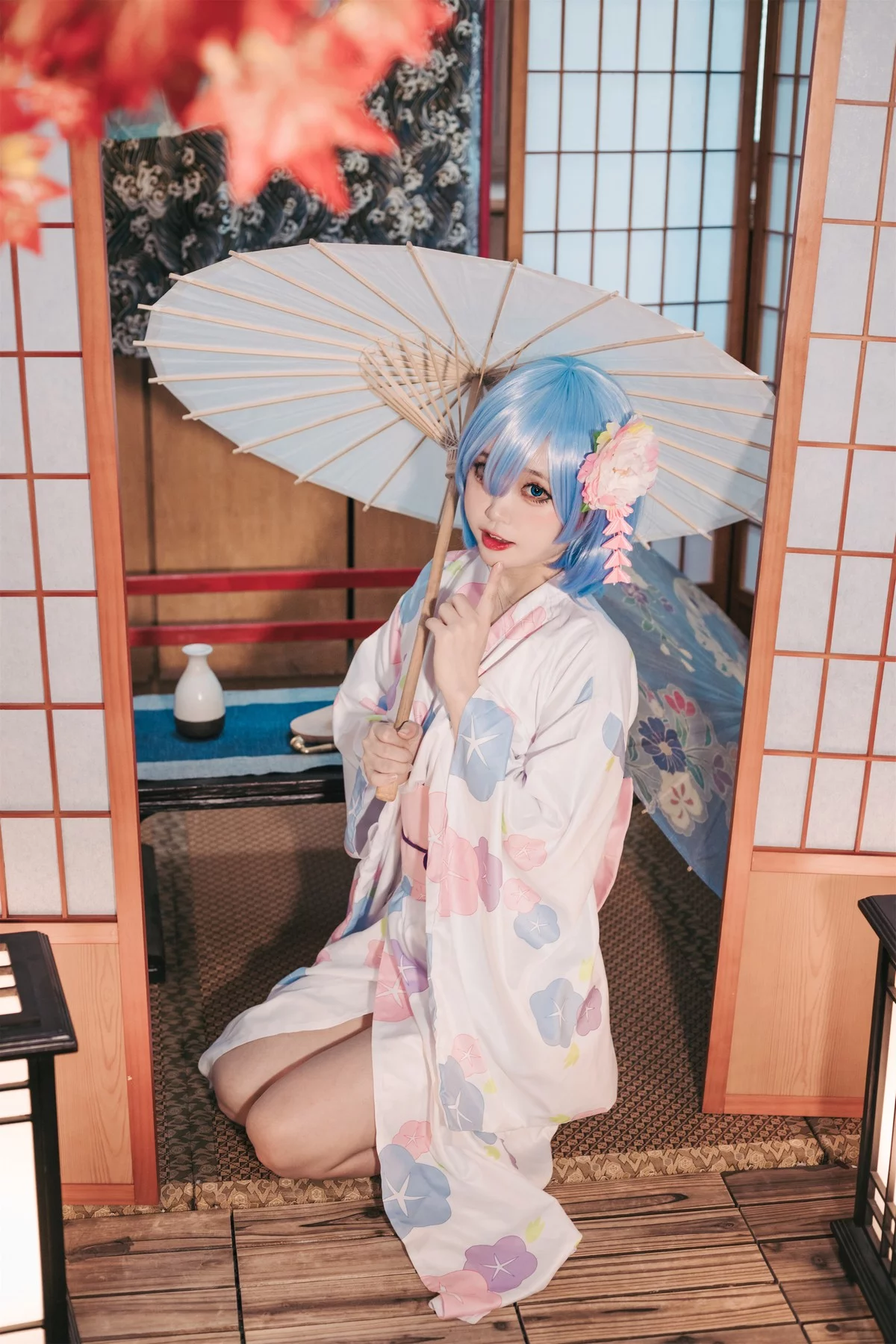Coser美女神沢永莉蕾姆和风主题私房性感日系和服半脱秀完美身材诱惑写真47P