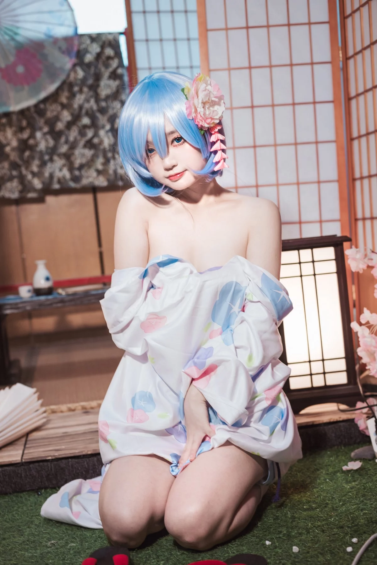 Coser美女神沢永莉蕾姆和风主题私房性感日系和服半脱秀完美身材诱惑写真47P