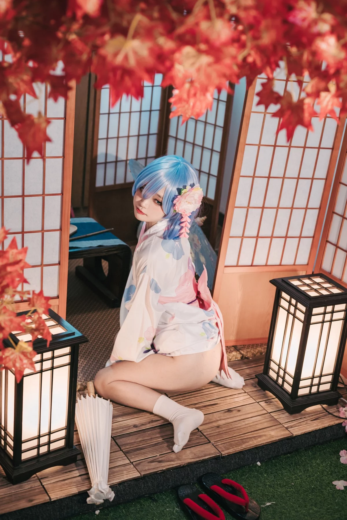 Coser美女神沢永莉蕾姆和风主题私房性感日系和服半脱秀完美身材诱惑写真47P