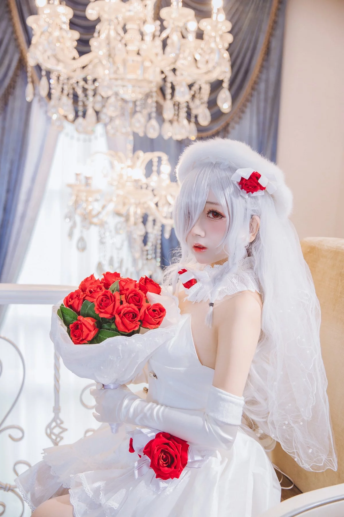 Cosplay美女日奈娇G36C礼服主题性感白色礼裙配白色蕾丝吊袜秀美腿诱惑写真40P
