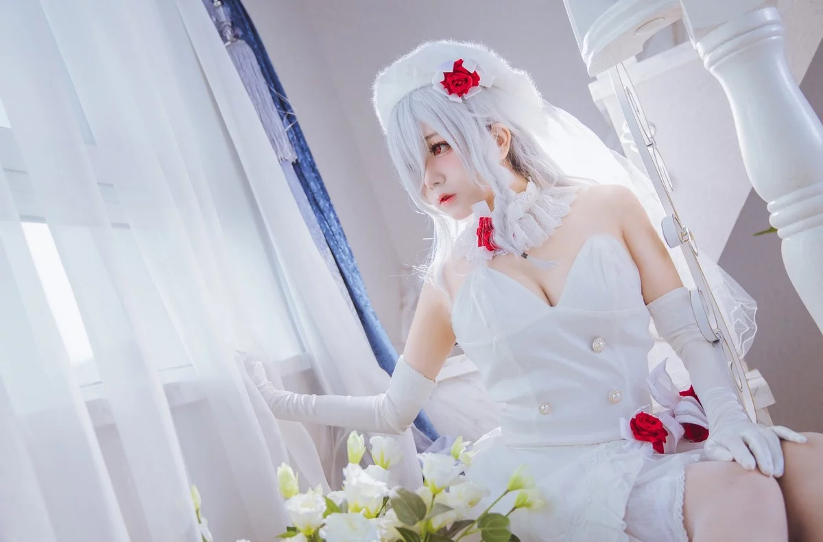 Cosplay美女日奈娇G36C礼服主题性感白色礼裙配白色蕾丝吊袜秀美腿诱惑写真40P