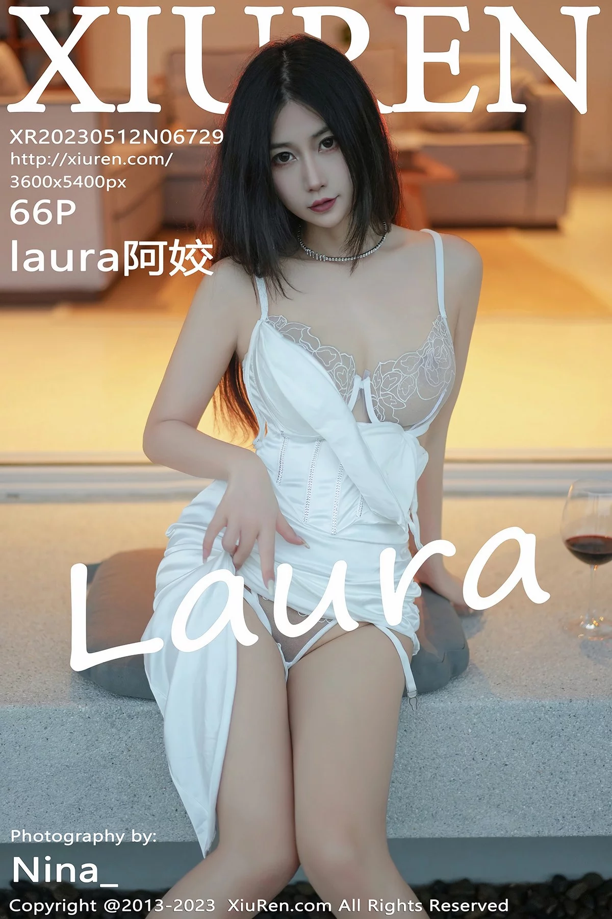 XiuRen第6729期_模特laura阿姣脱白色吊带长裙露浅色轻透蕾丝内衣完美诱惑写真66P