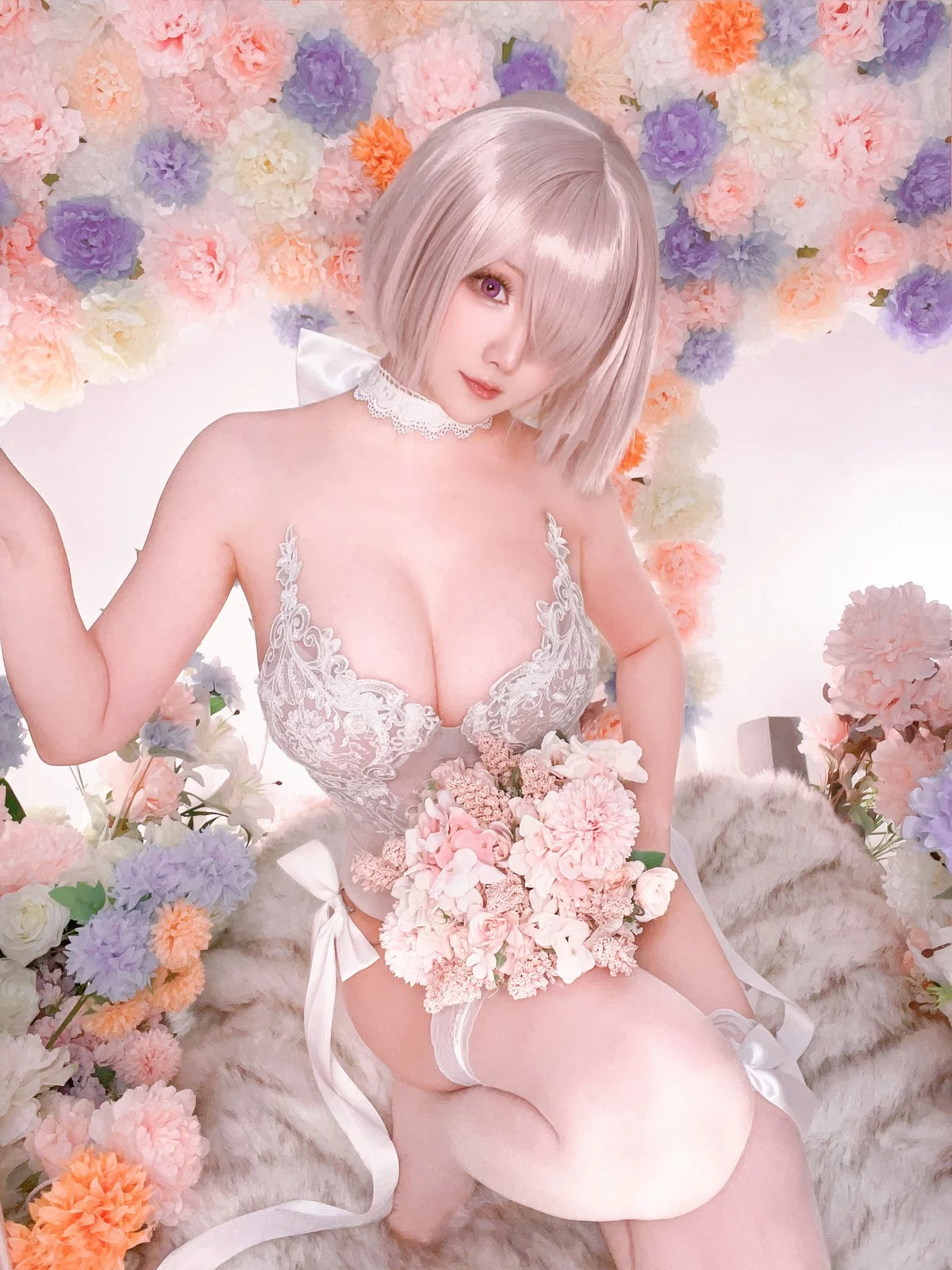 Coser小姐姐星之迟迟玛修婚纱主题性感白色婚纱露白色蕾丝内衣惹火诱惑写真78P