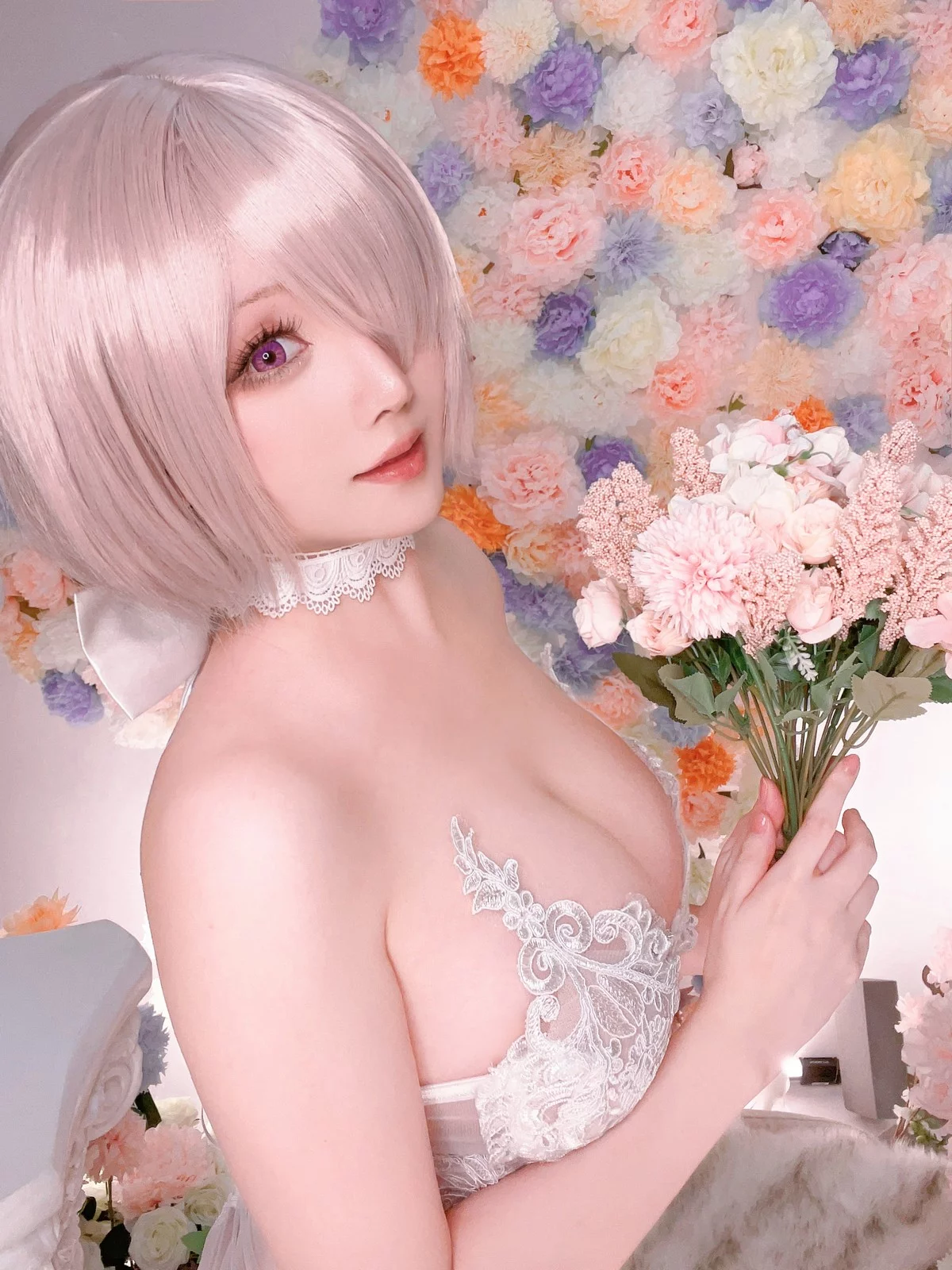 Coser小姐姐星之迟迟玛修婚纱主题性感白色婚纱露白色蕾丝内衣惹火诱惑写真78P