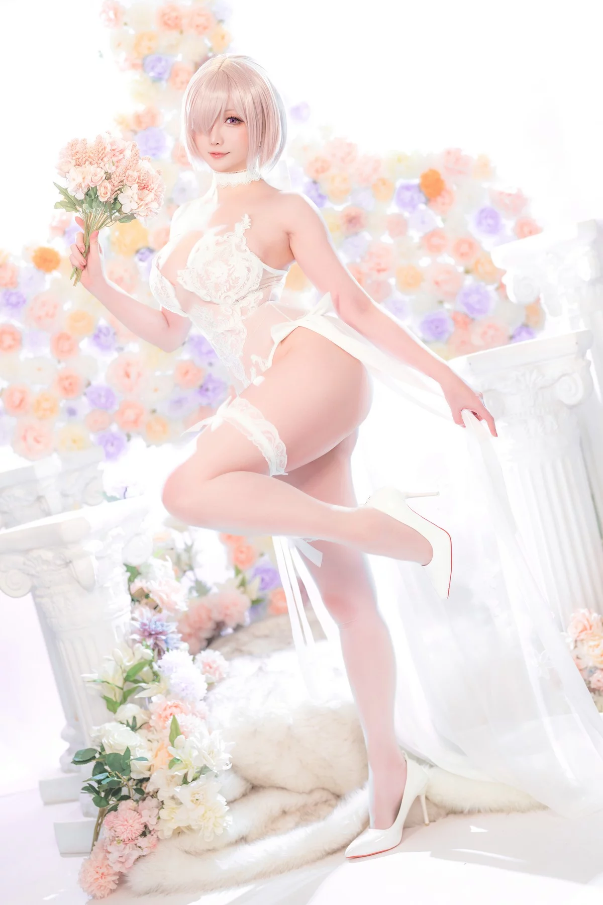 Coser小姐姐星之迟迟玛修婚纱主题性感白色婚纱露白色蕾丝内衣惹火诱惑写真78P