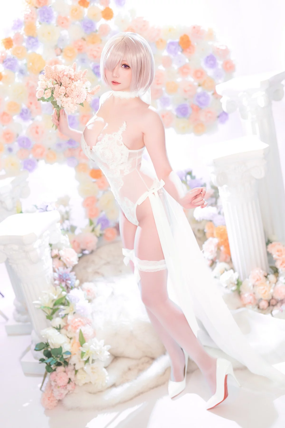Coser小姐姐星之迟迟玛修婚纱主题性感白色婚纱露白色蕾丝内衣惹火诱惑写真78P
