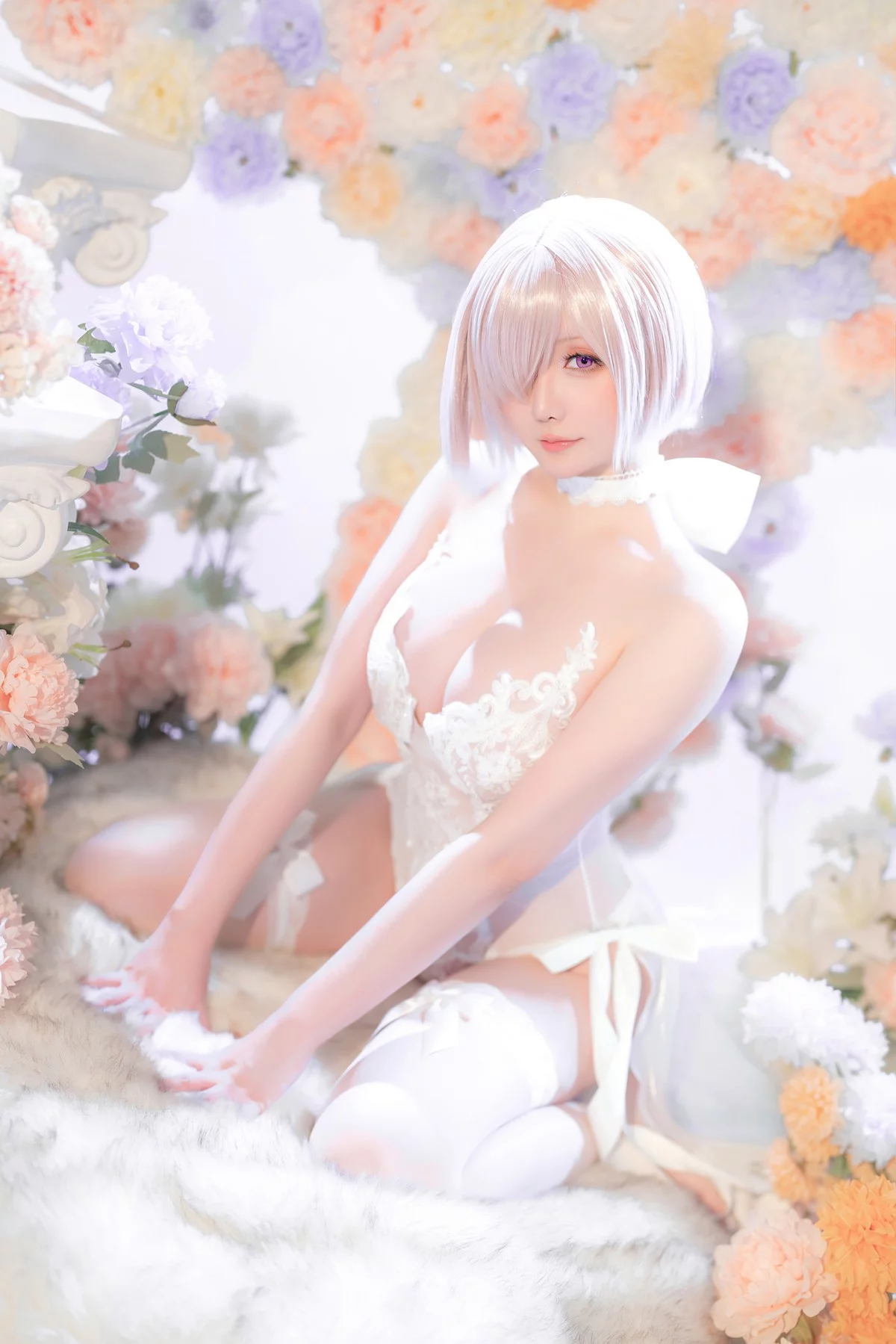 Coser小姐姐星之迟迟玛修婚纱主题性感白色婚纱露白色蕾丝内衣惹火诱惑写真78P
