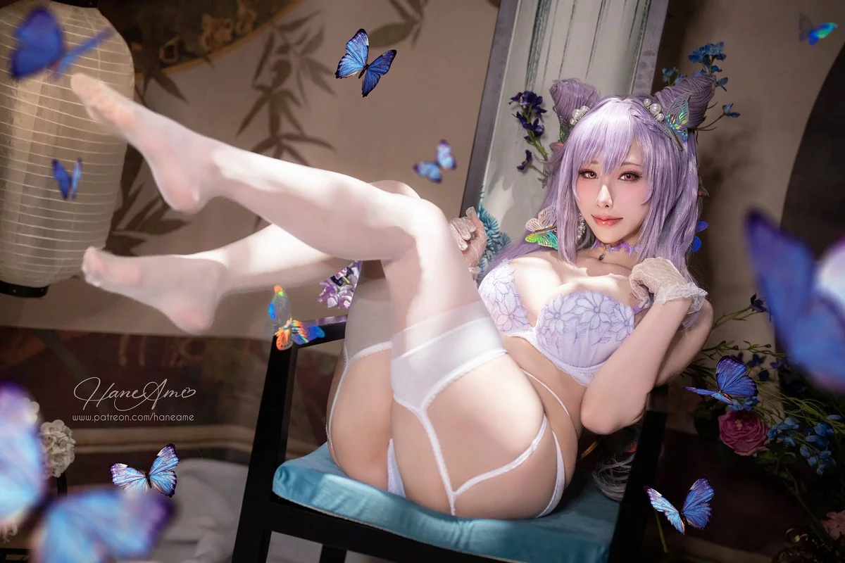 Coser美女雨波_HaneAme刻晴主题性感白色内衣配白丝吊袜秀丰满身材诱惑写真37P