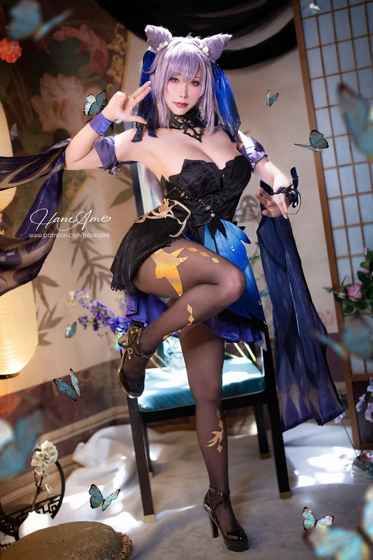 Coser美女雨波_HaneAme刻晴主题性感白色内衣配白丝吊袜秀丰满身材诱惑写真37P