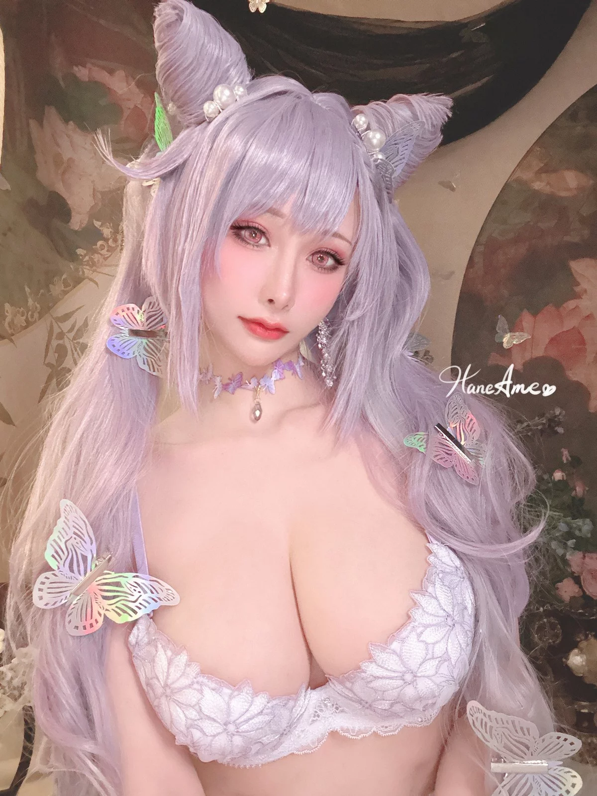 Coser美女雨波_HaneAme刻晴主题性感白色内衣配白丝吊袜秀丰满身材诱惑写真37P