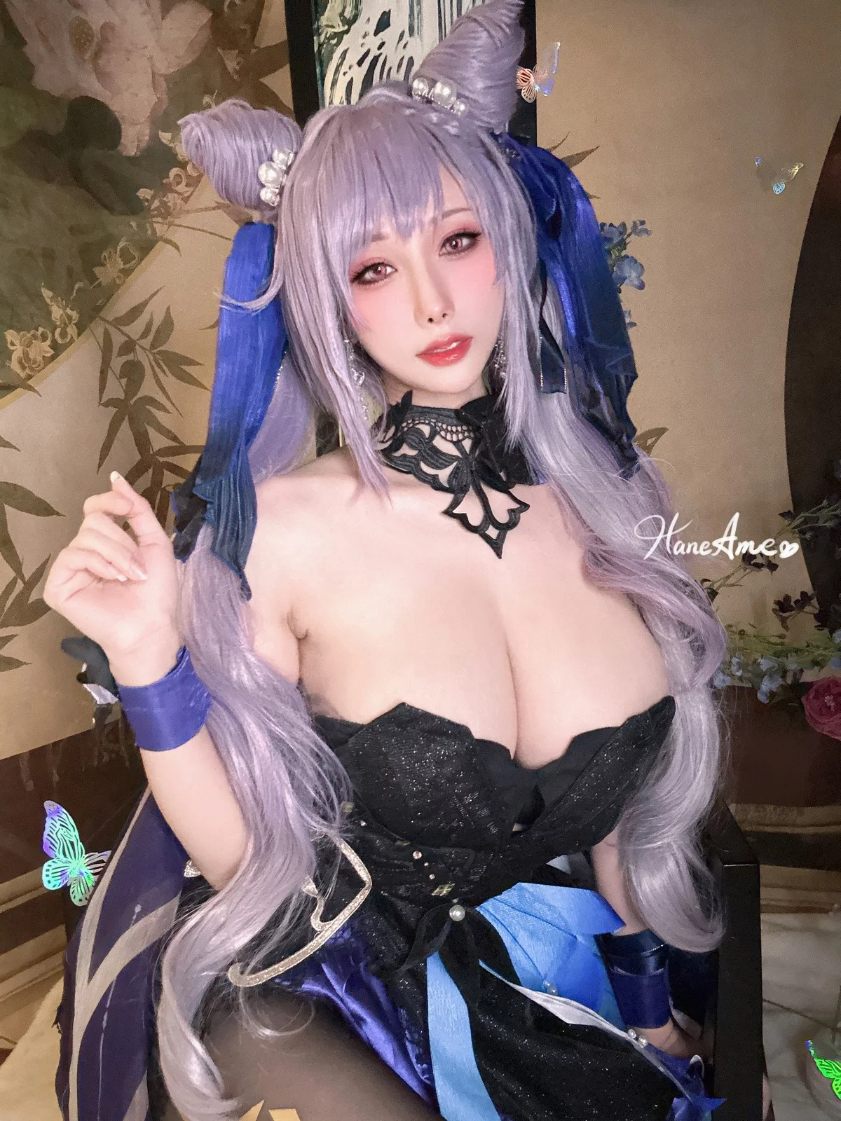 Coser美女雨波_HaneAme刻晴主题性感白色内衣配白丝吊袜秀丰满身材诱惑写真37P