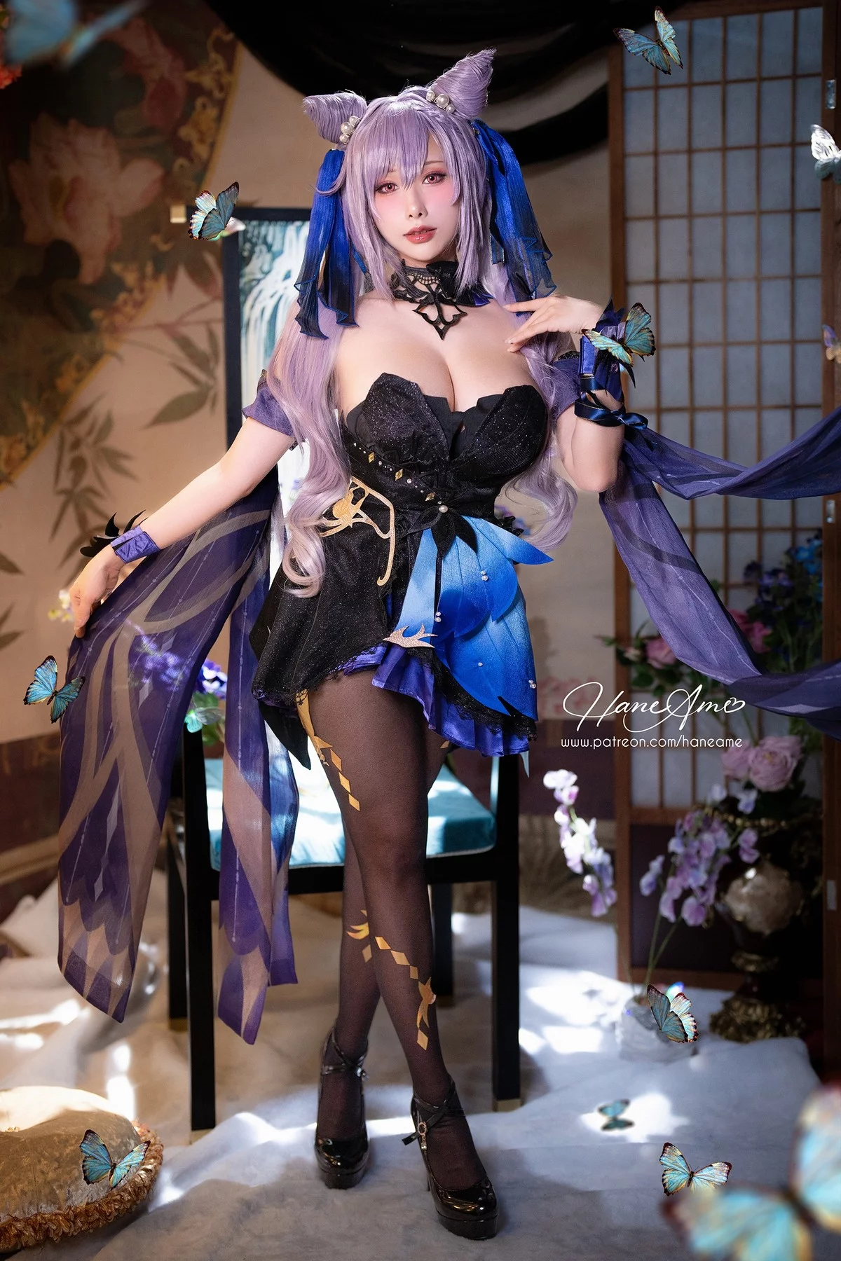 Coser美女雨波_HaneAme刻晴主题性感白色内衣配白丝吊袜秀丰满身材诱惑写真37P