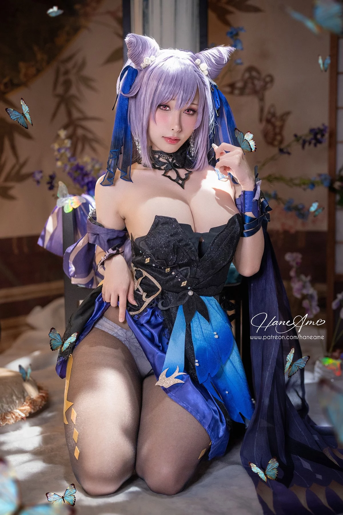 Coser美女雨波_HaneAme刻晴主题性感白色内衣配白丝吊袜秀丰满身材诱惑写真37P
