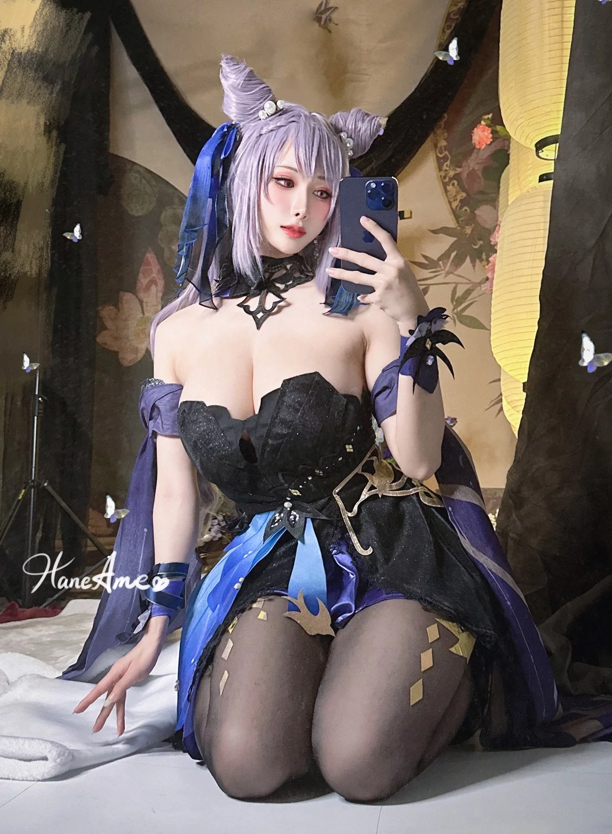 Coser美女雨波_HaneAme刻晴主题性感白色内衣配白丝吊袜秀丰满身材诱惑写真37P