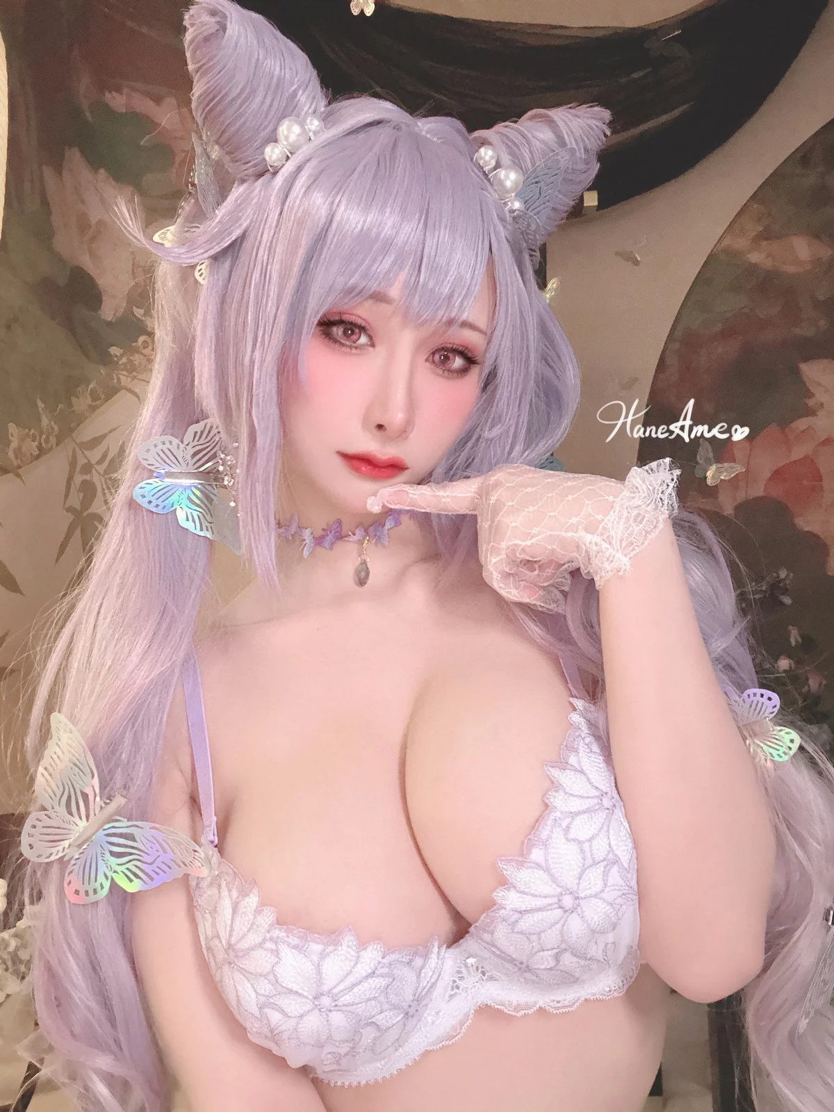 Coser美女雨波_HaneAme刻晴主题性感白色内衣配白丝吊袜秀丰满身材诱惑写真37P