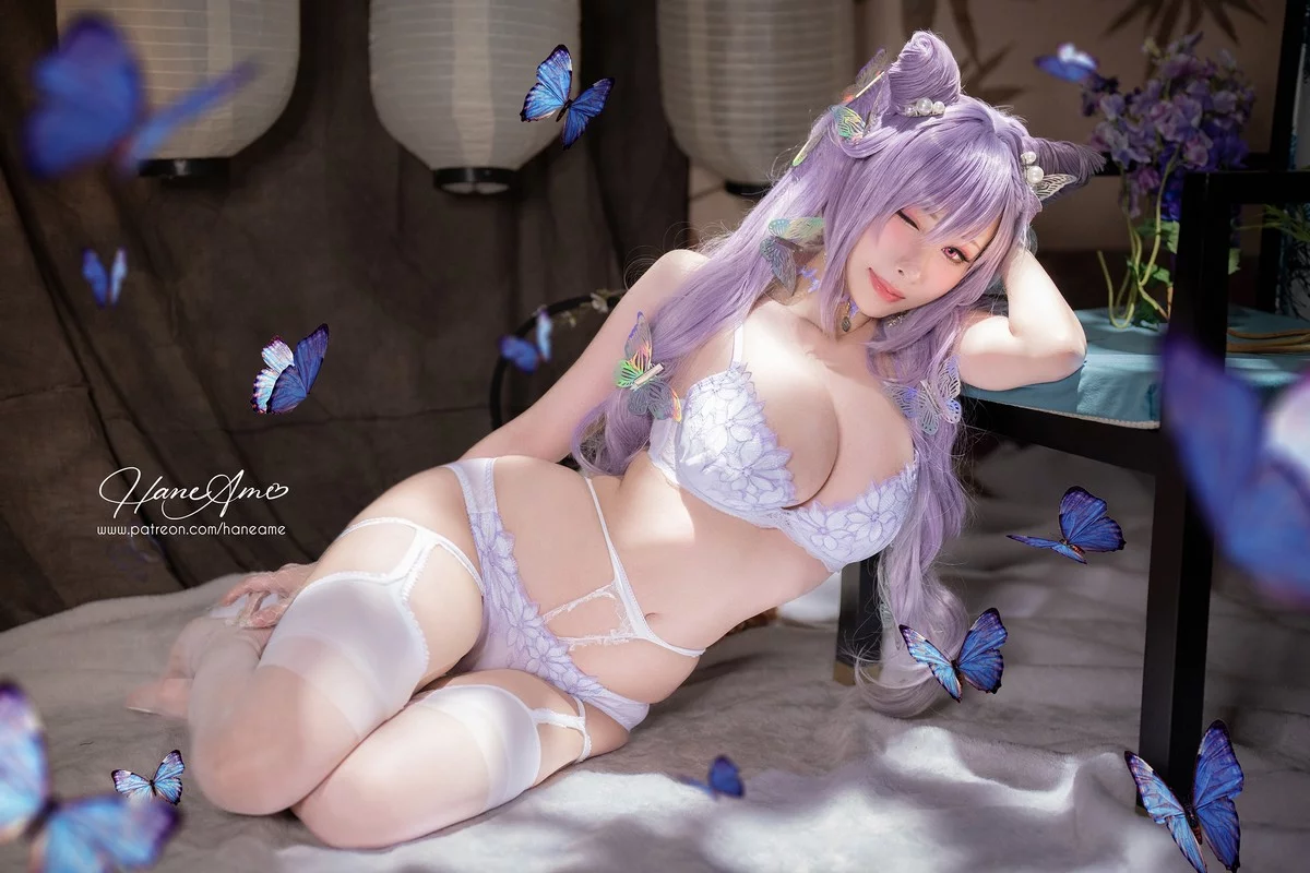 Coser美女雨波_HaneAme刻晴主题性感白色内衣配白丝吊袜秀丰满身材诱惑写真37P
