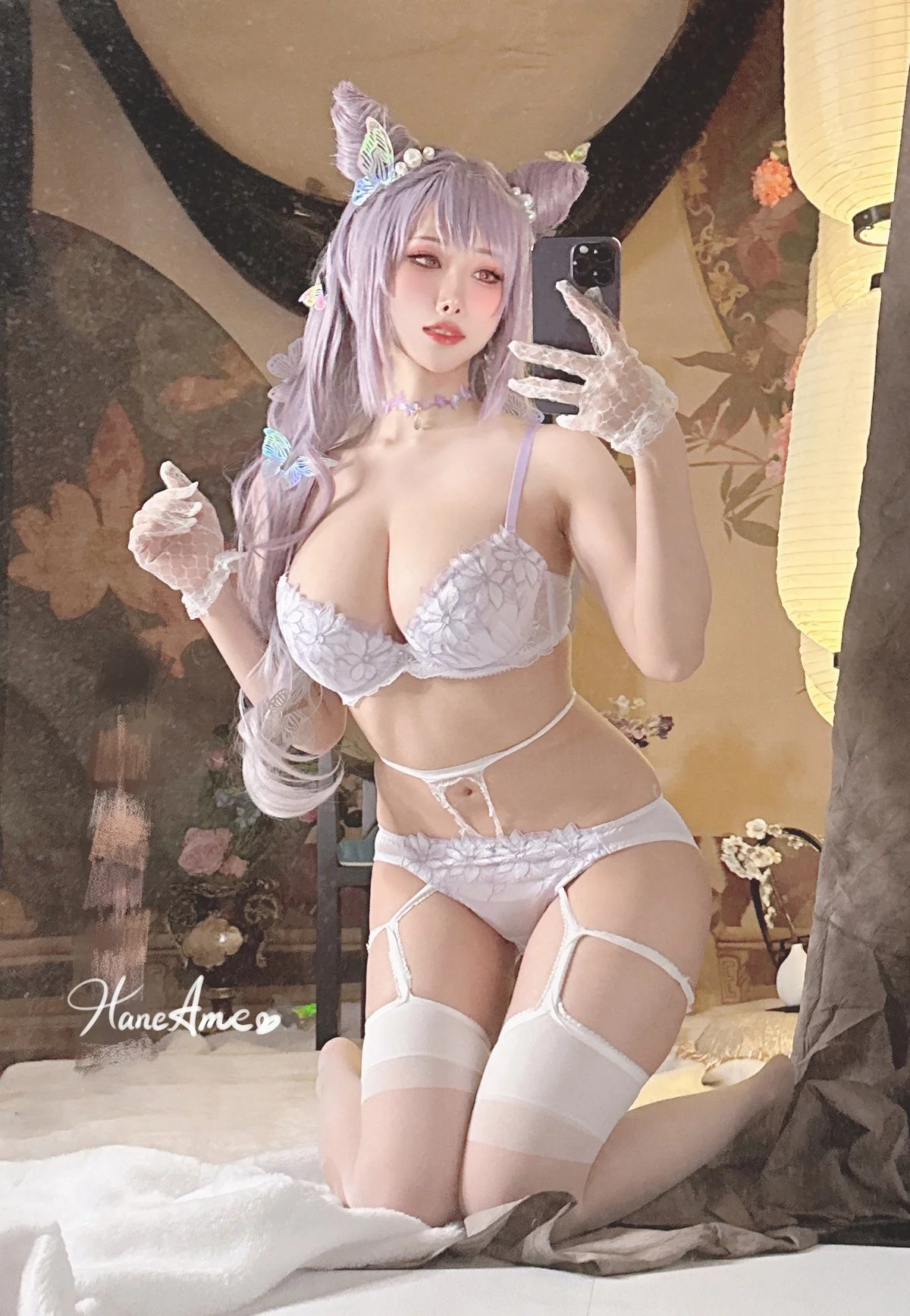 Coser美女雨波_HaneAme刻晴主题性感白色内衣配白丝吊袜秀丰满身材诱惑写真37P