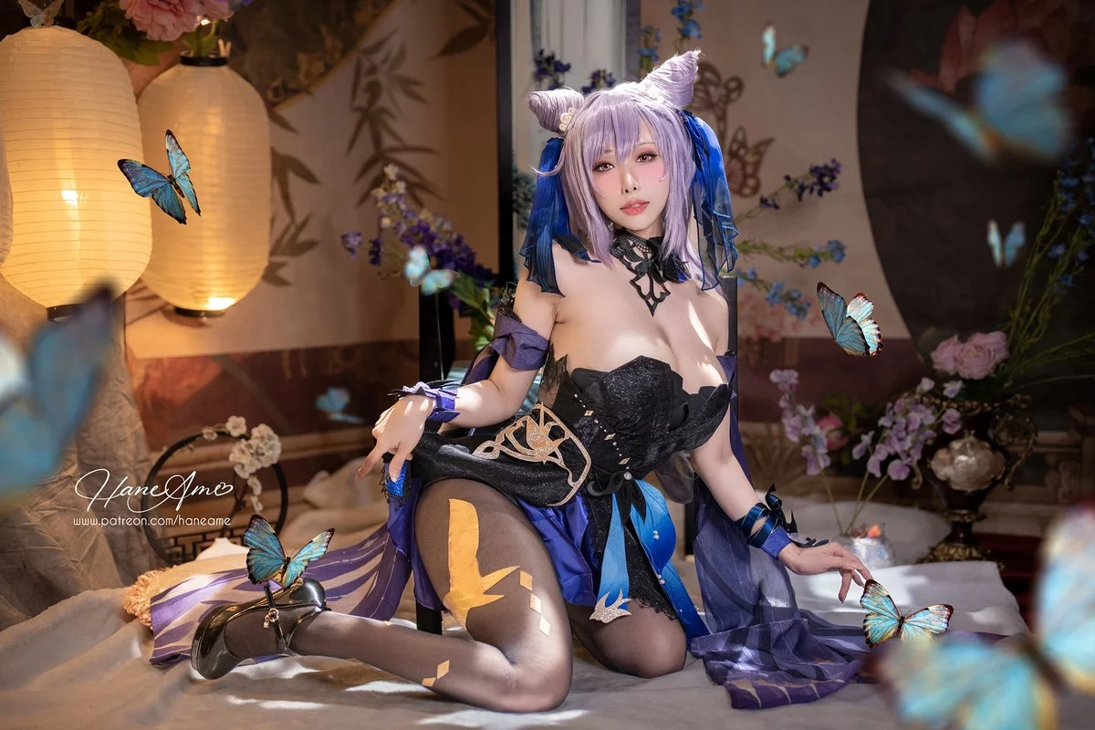 Coser美女雨波_HaneAme刻晴主题性感白色内衣配白丝吊袜秀丰满身材诱惑写真37P