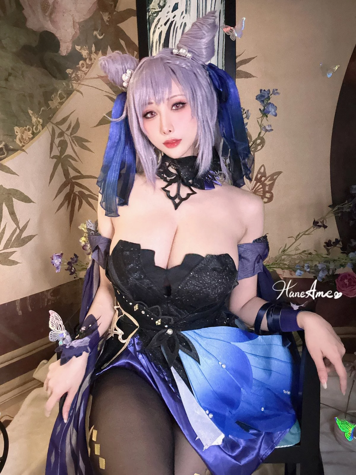 Coser美女雨波_HaneAme刻晴主题性感白色内衣配白丝吊袜秀丰满身材诱惑写真37P