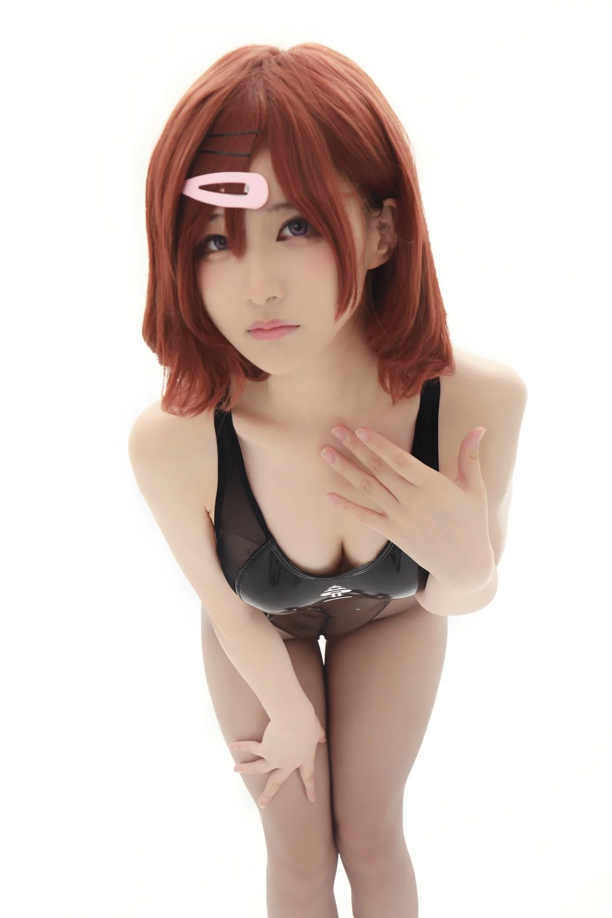 Cos小姐姐幼爱youmeko竞泳无衬衫灰丝主题黑色皮质连体衣配超薄灰丝诱惑写真36P