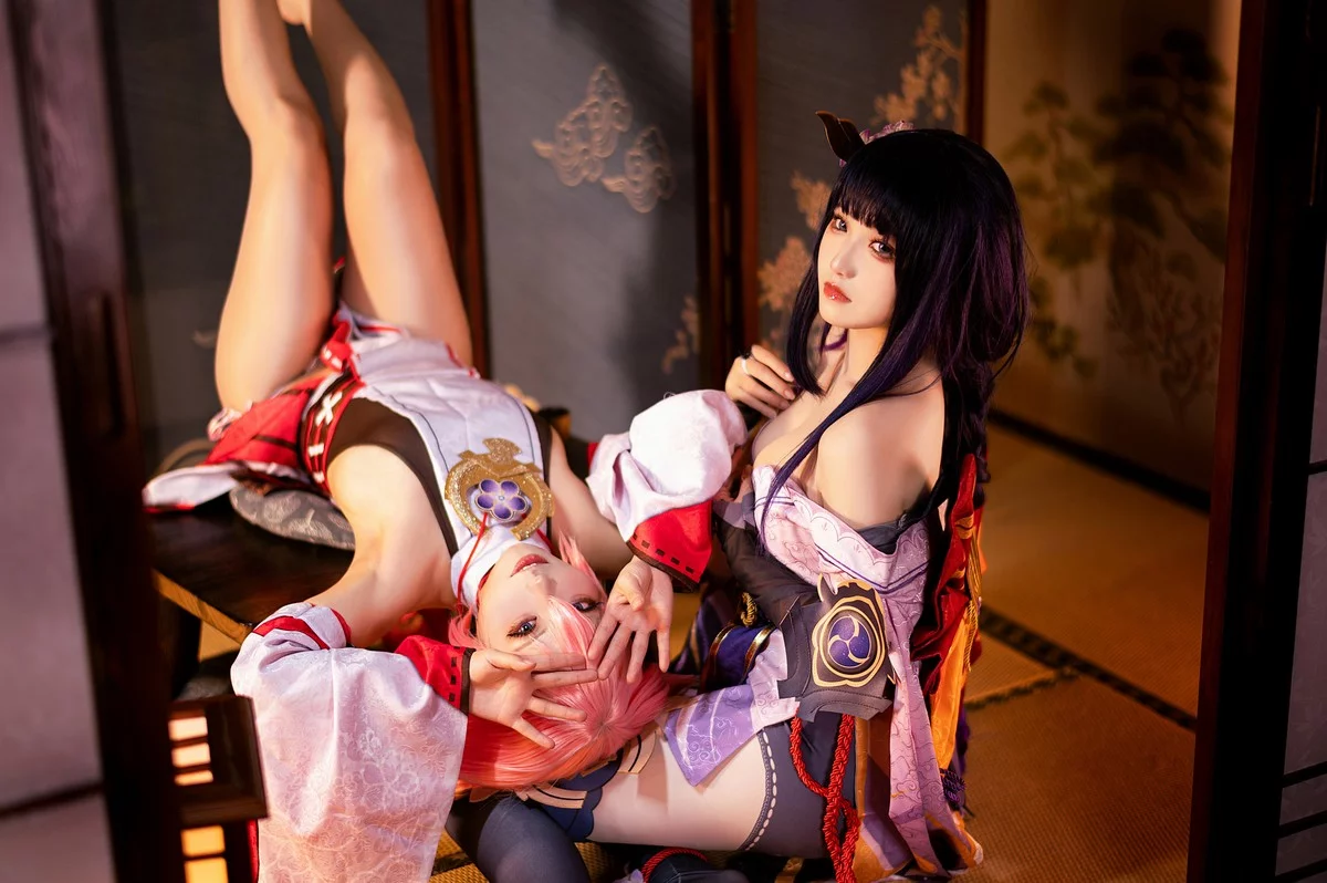 Coser美女伊喵君八重&雷神双倍快乐主题私房姐妹花性感日系服饰惹火诱惑写真57P