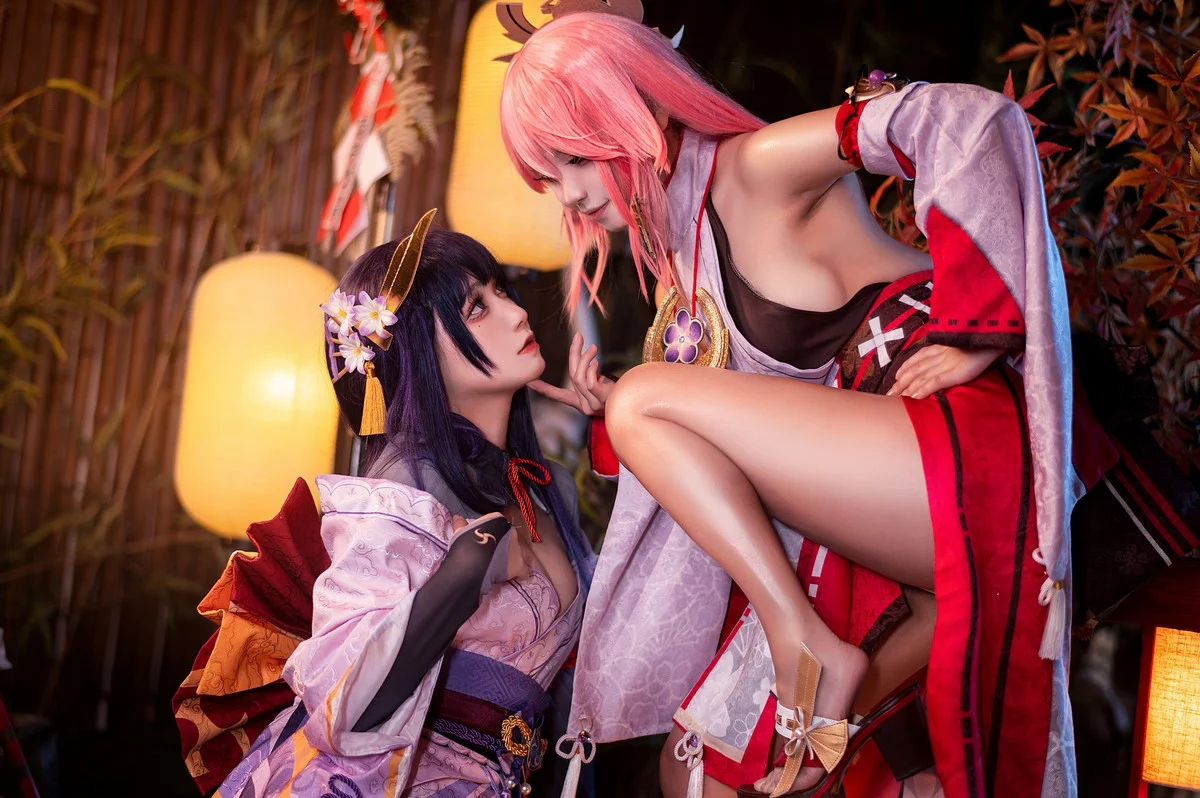 Coser美女伊喵君八重&雷神双倍快乐主题私房姐妹花性感日系服饰惹火诱惑写真57P