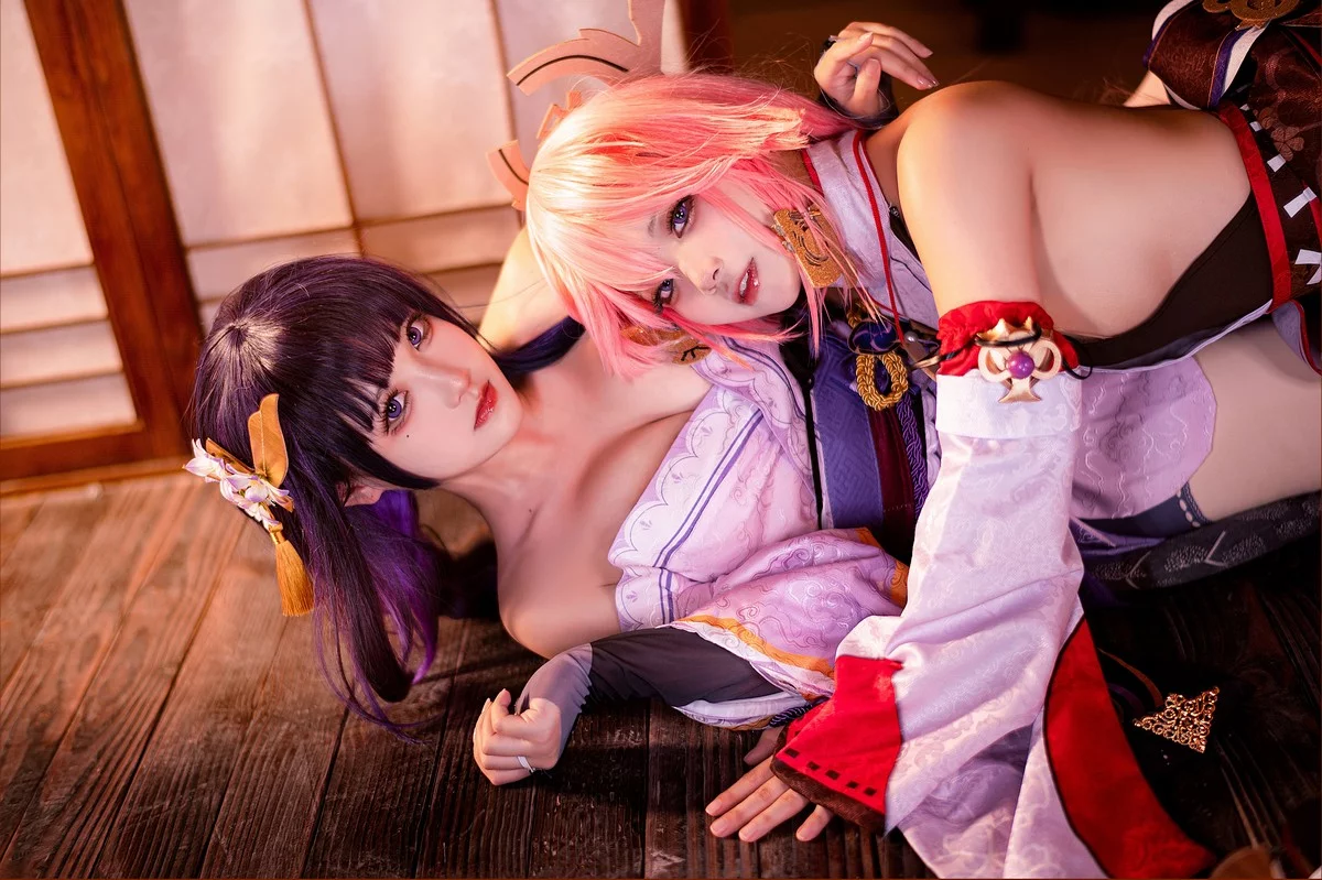 Coser美女伊喵君八重&雷神双倍快乐主题私房姐妹花性感日系服饰惹火诱惑写真57P