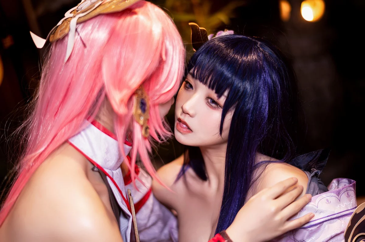 Coser美女伊喵君八重&雷神双倍快乐主题私房姐妹花性感日系服饰惹火诱惑写真57P