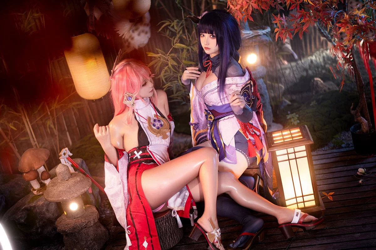Coser美女伊喵君八重&雷神双倍快乐主题私房姐妹花性感日系服饰惹火诱惑写真57P