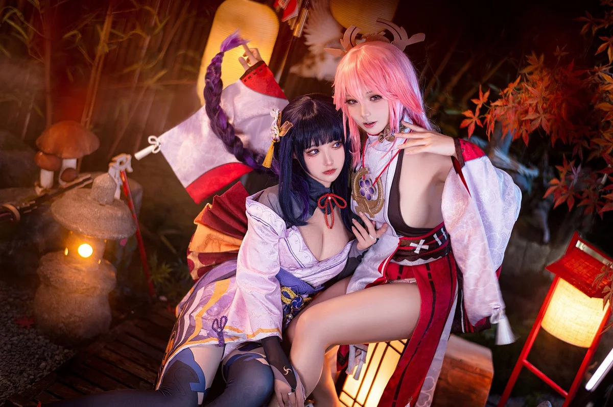 Coser美女伊喵君八重&雷神双倍快乐主题私房姐妹花性感日系服饰惹火诱惑写真57P