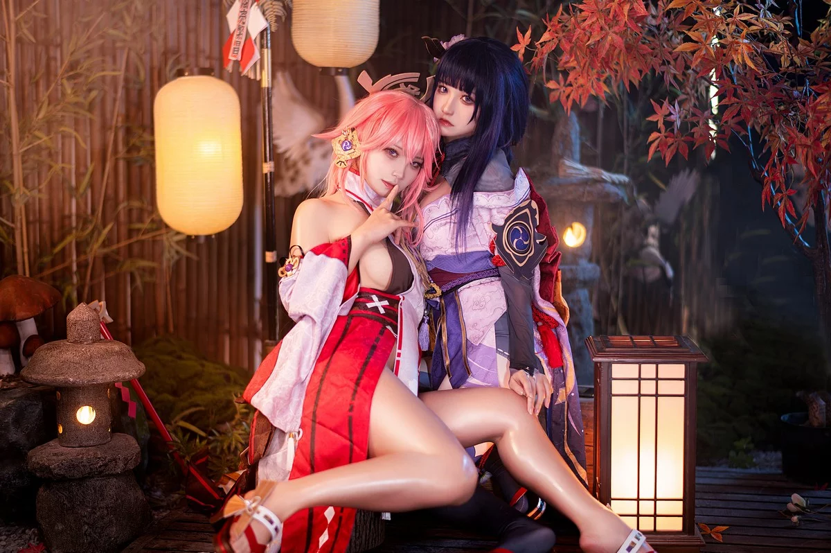 Coser美女伊喵君八重&雷神双倍快乐主题私房姐妹花性感日系服饰惹火诱惑写真57P