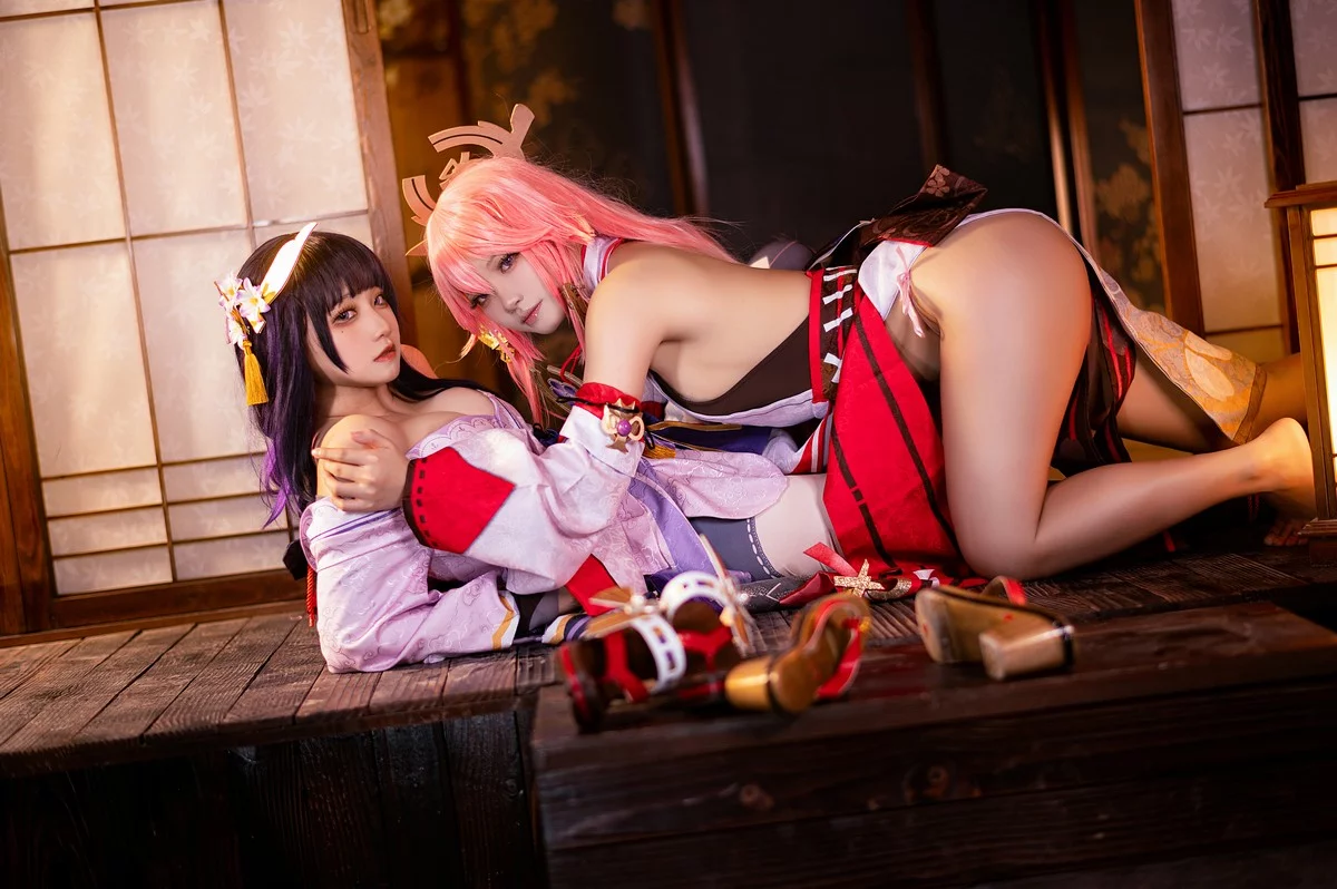 Coser美女伊喵君八重&雷神双倍快乐主题私房姐妹花性感日系服饰惹火诱惑写真57P
