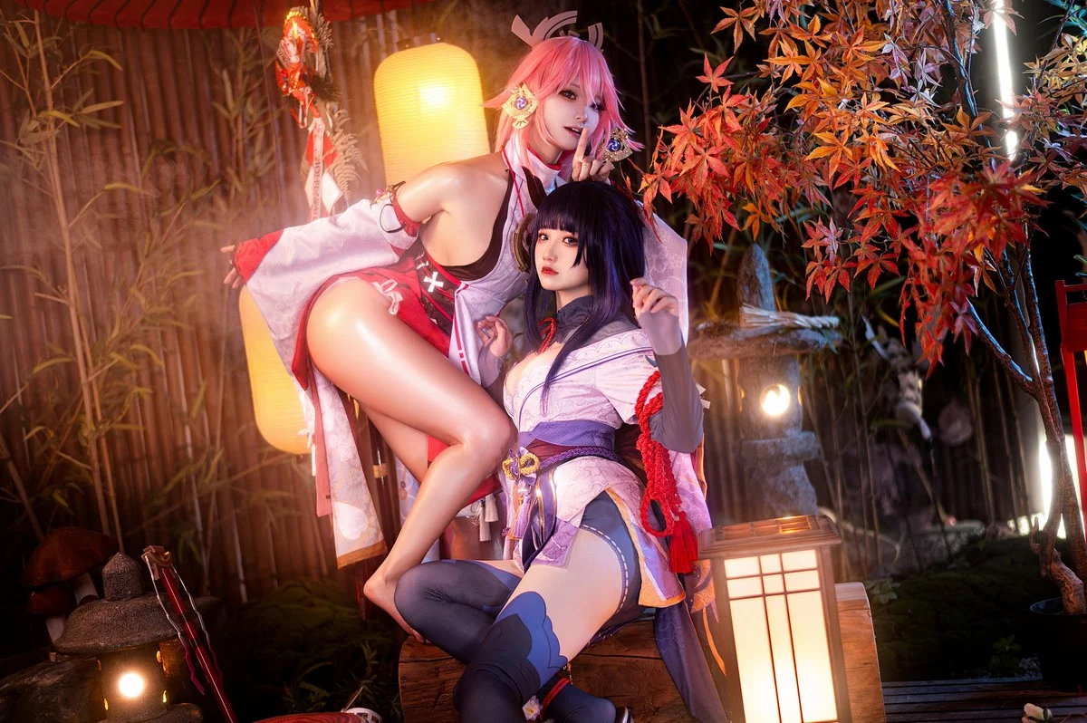 Coser美女伊喵君八重&雷神双倍快乐主题私房姐妹花性感日系服饰惹火诱惑写真57P
