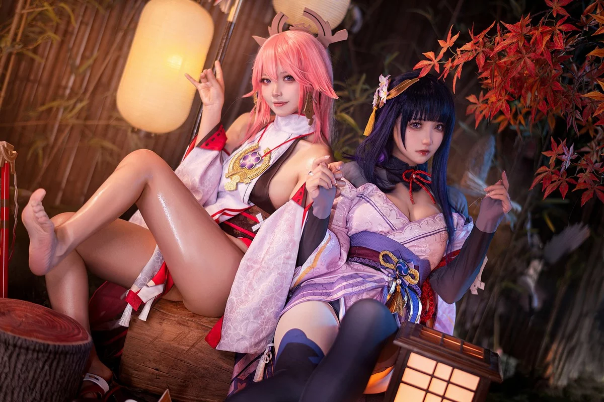 Coser美女伊喵君八重&雷神双倍快乐主题私房姐妹花性感日系服饰惹火诱惑写真57P