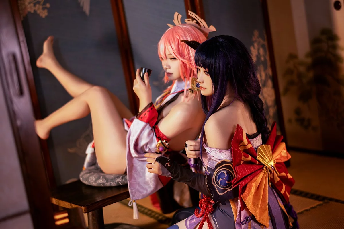 Coser美女伊喵君八重&雷神双倍快乐主题私房姐妹花性感日系服饰惹火诱惑写真57P